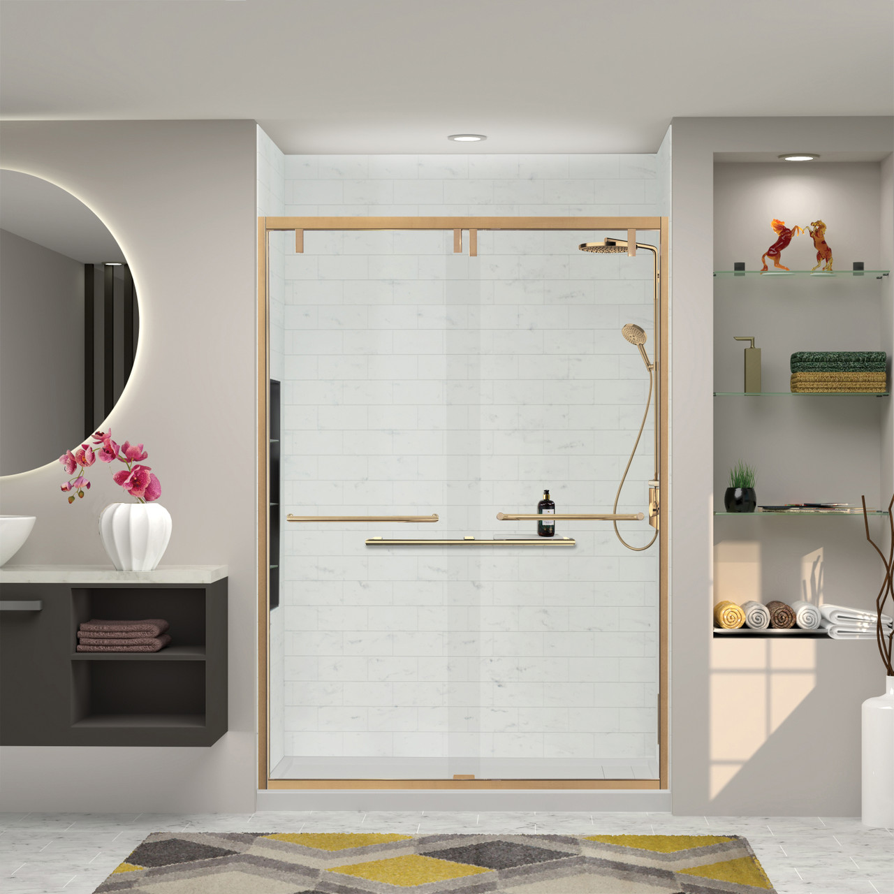 Semi-frameless bypass shower door with a champagne bronze frame and a low iron glass texture with Turin handles 56-60-in W x 80-in H