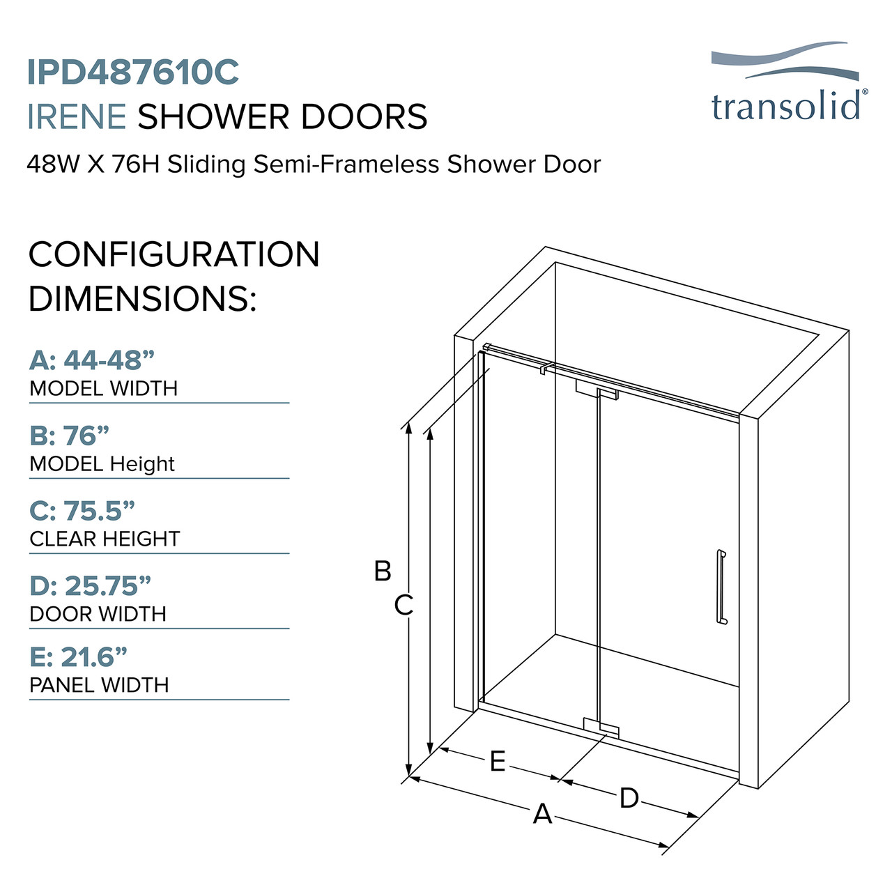 Transolid IPD487610C-R-MB Semi-frameless pivot shower door in matte black frame finish with smooth glass texture 44-in to 48-in W x 76-in H