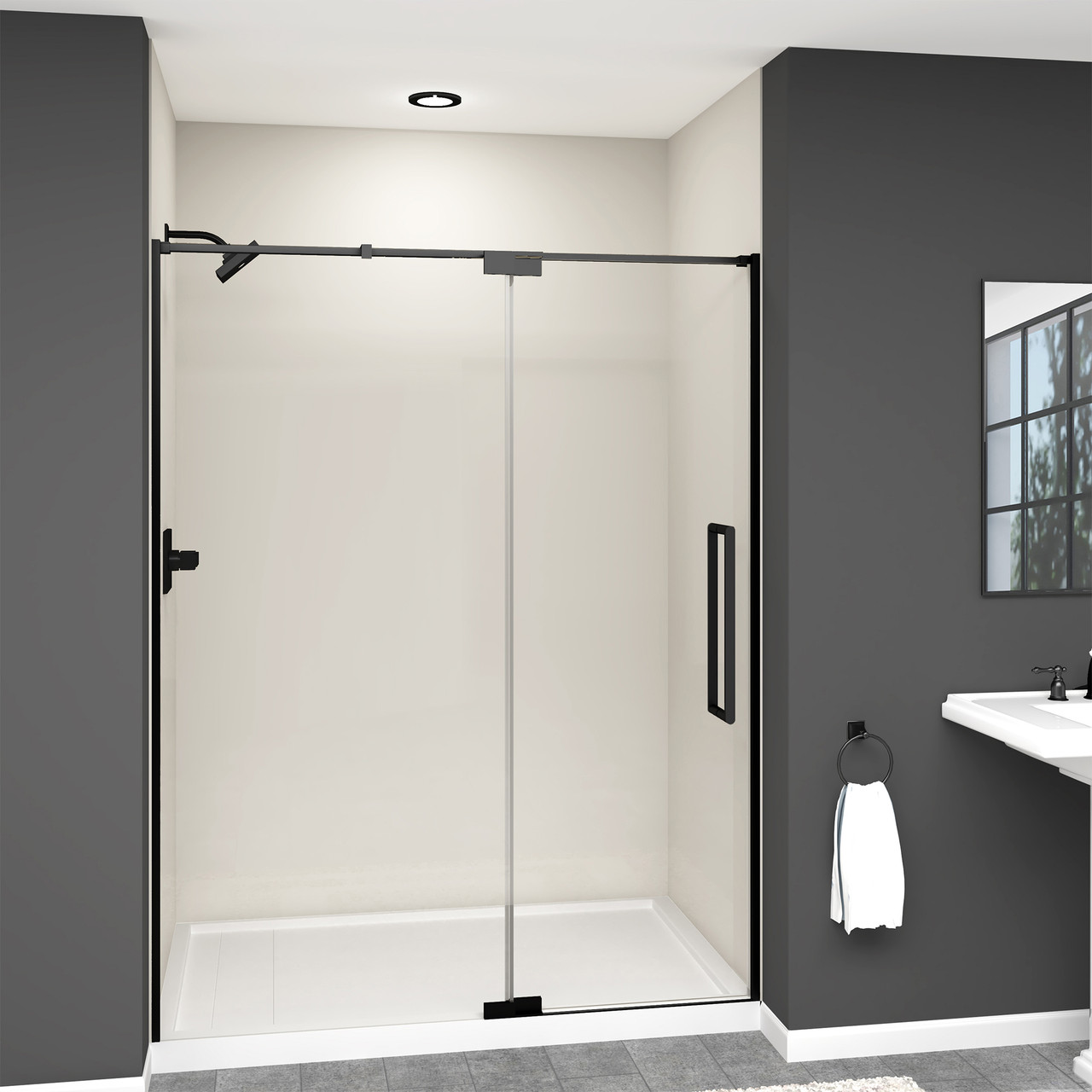 Transolid IPD607610C-R-MB Semi-frameless pivot shower door in matte black frame finish with smooth glass texture 56-in to 60-in W x 76-in H