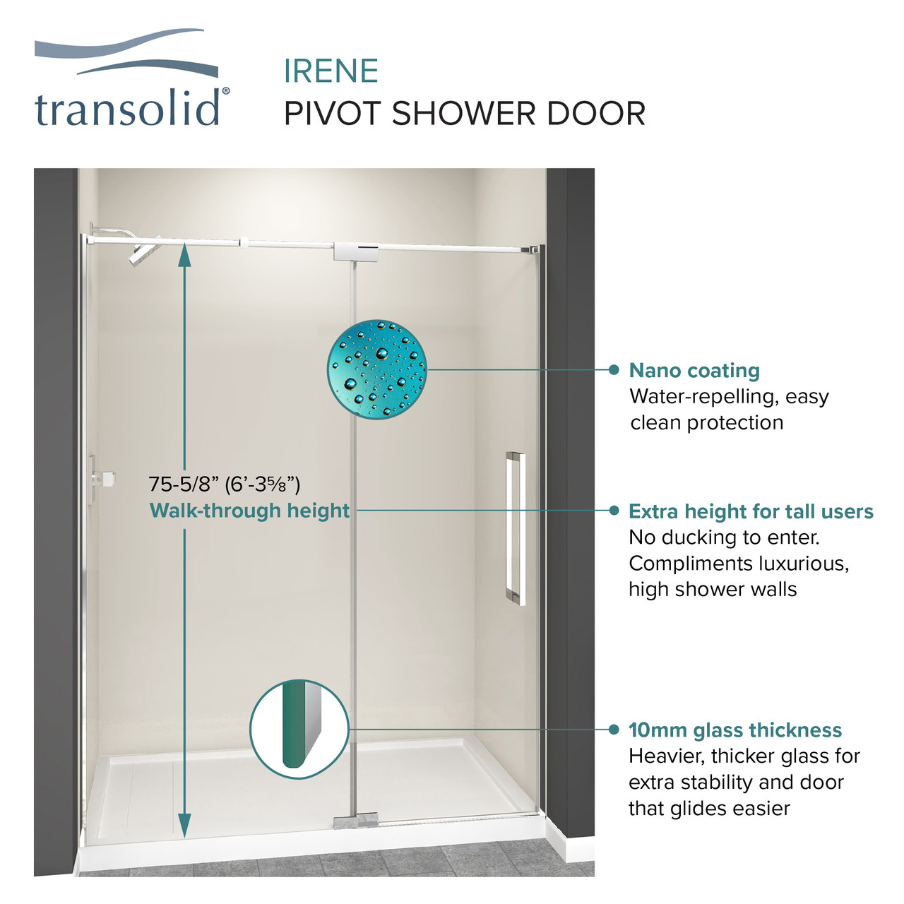 Transolid IPD367610C-J-PC Semi-frameless pivot shower door in polished chrome frame finish with smooth glass texture 32-in to 36-in W x 76-in H