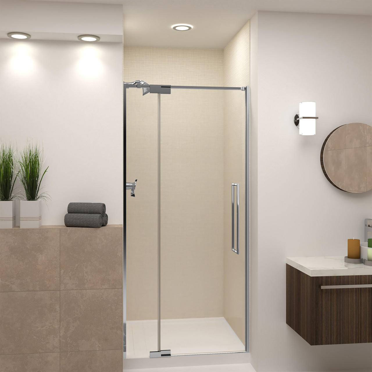 Semi-frameless pivot shower door in polished chrome frame finish with smooth glass texture 32-in to 36-in W x 76-in H
