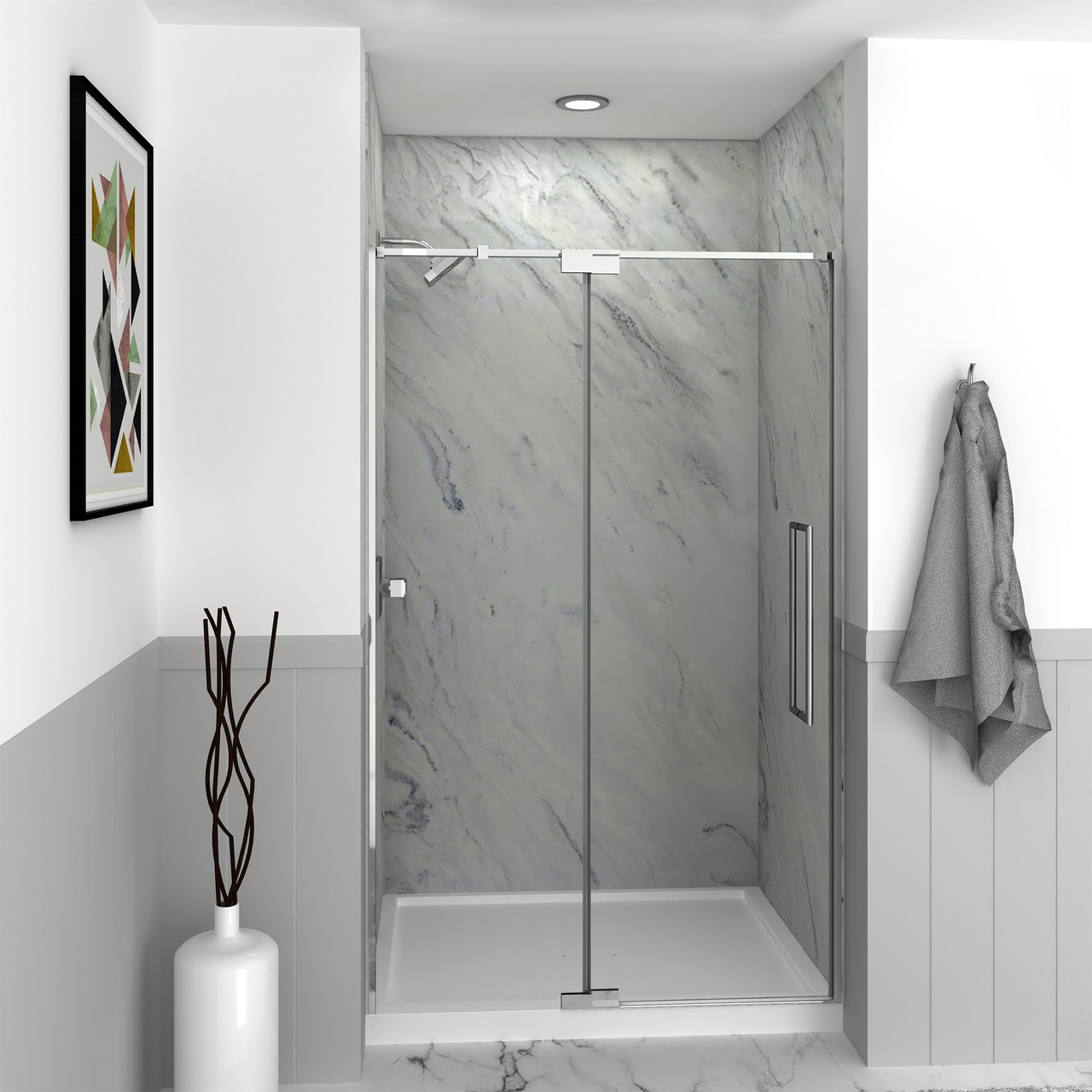 Semi-frameless pivot shower door in polished chrome frame finish with smooth glass texture 44-in to 48-in W x 76-in H
