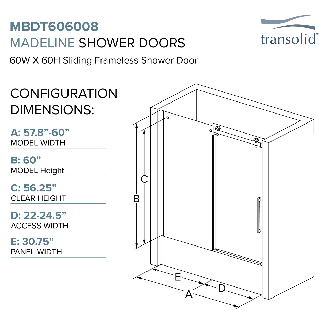 Transolid MBDT606008C-T-PC Frameless sliding shower door with fixed panel in polished chrome with clear glass texture and Turin handles