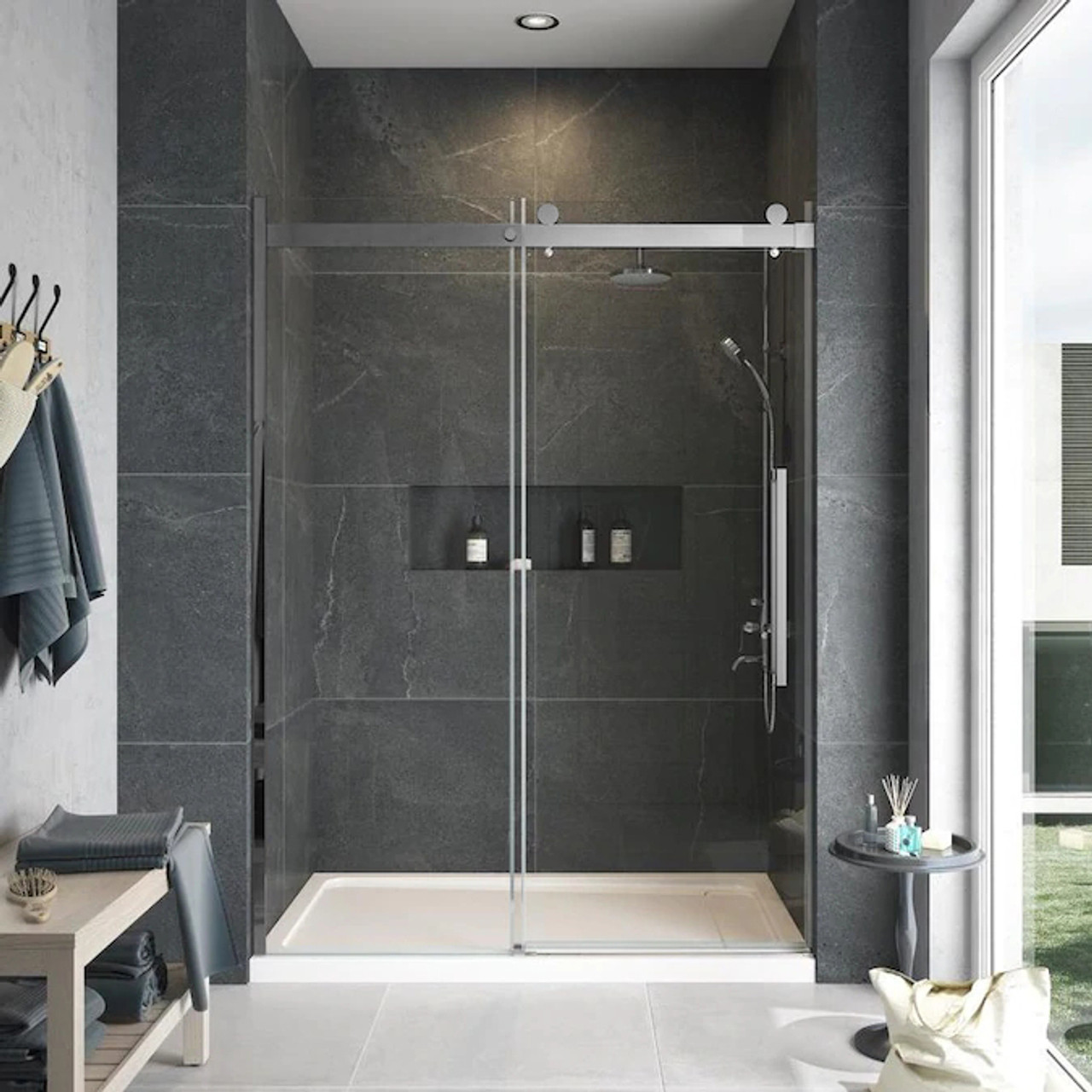 Transolid MBDT606008FL-R-BS Frameless sliding shower door with fixed panel in brushed stainless with frosted glass texture and Riley handles