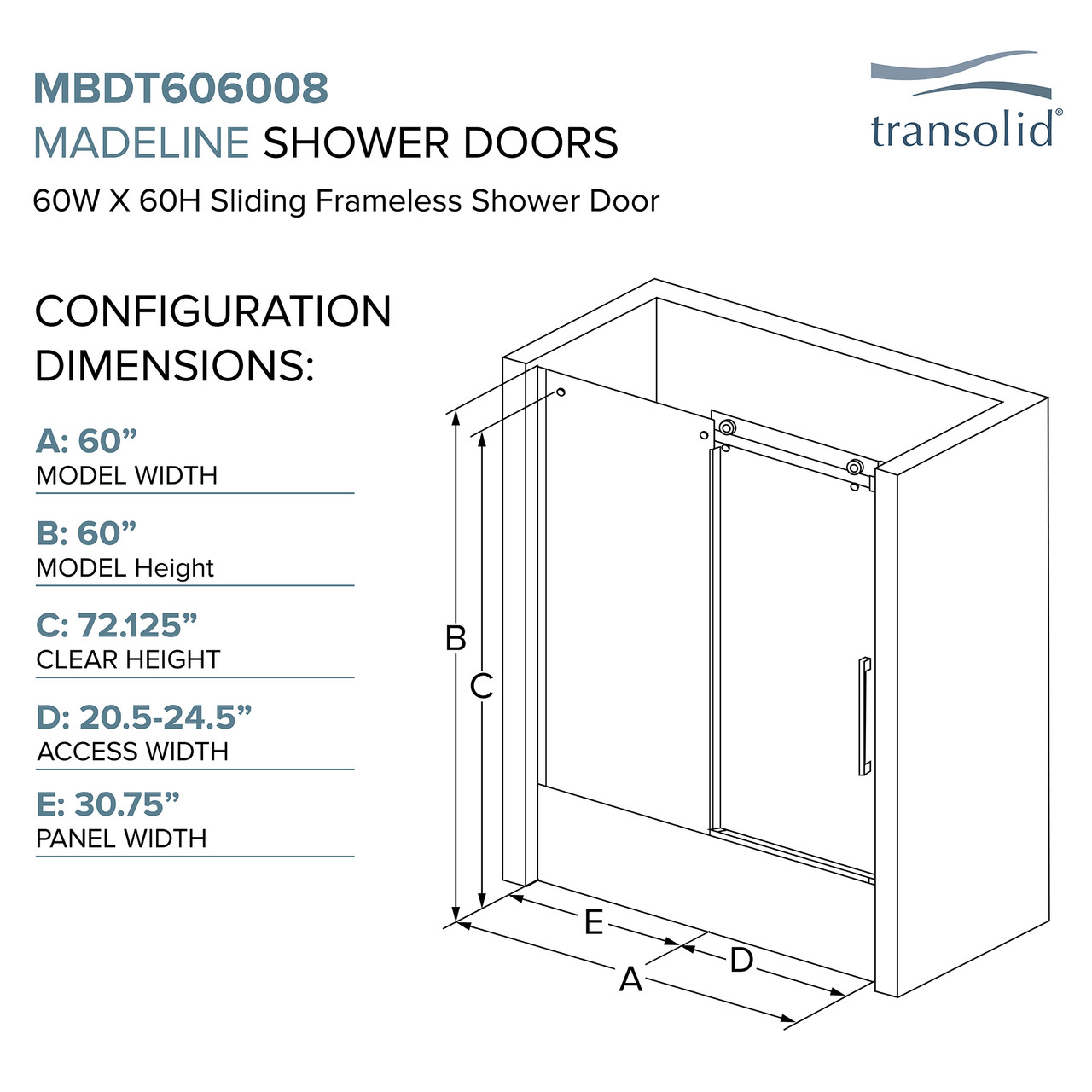 Transolid MBDT606008FR-S-BS Frameless sliding shower door with fixed panel in brushed stainless with frosted glass texture and Sabrina handles