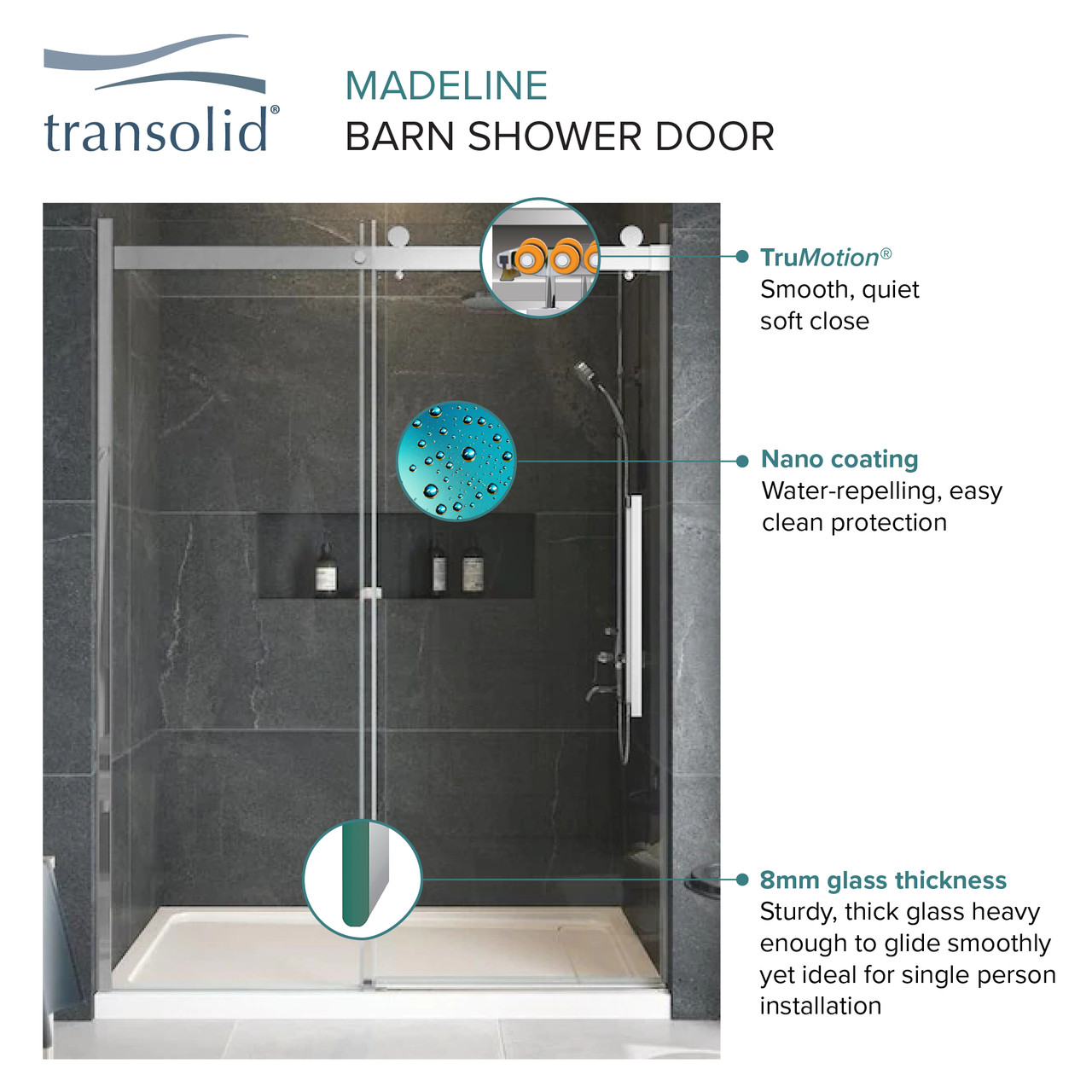 Transolid MBDT606008FR-T-MB Frameless sliding shower door with fixed panel in matte black with frosted glass texture and Turin handles
