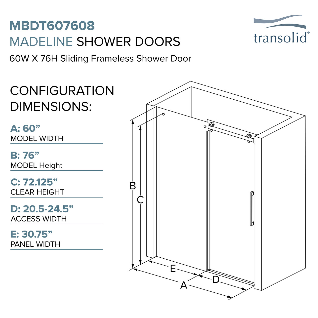 Transolid MBDT607608FL-J-BS Frameless sliding shower door with fixed panel in brushed stainless with frosted glass texture and Justin handles