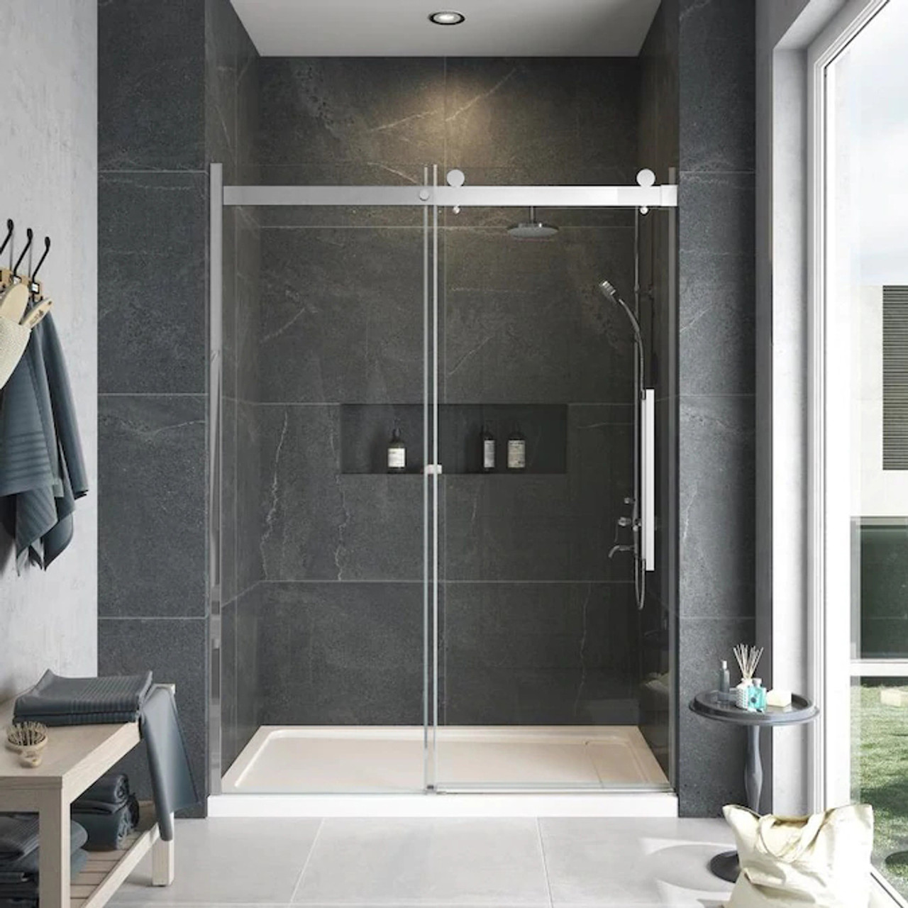 Transolid MBDT607608FR-T-PC Frameless sliding shower door with fixed panel in polished chrome with frosted glass texture and Turin handles