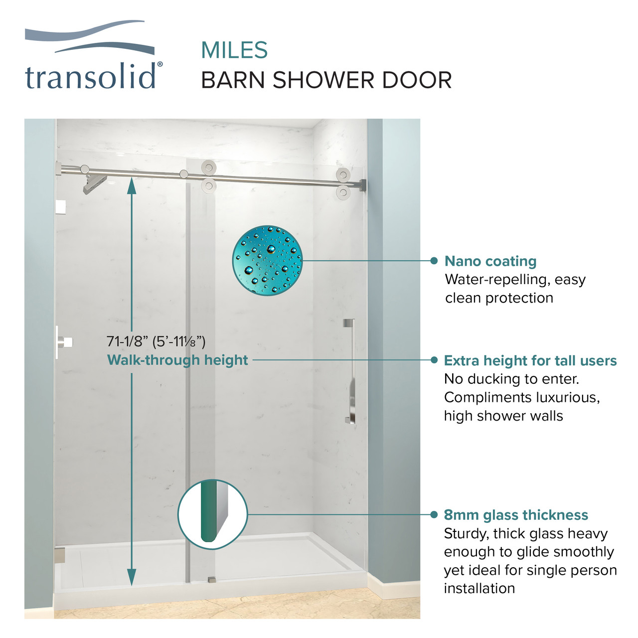 Frameless sliding shower door with fixed panel in polished chrome with clear glass texture and Riley handles