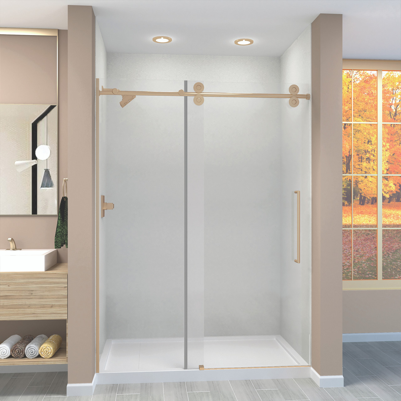 Transolid TPBT608010C-T-CB Frameless sliding shower door with fixed panel in champagne bronze with clear glass and Turin handles