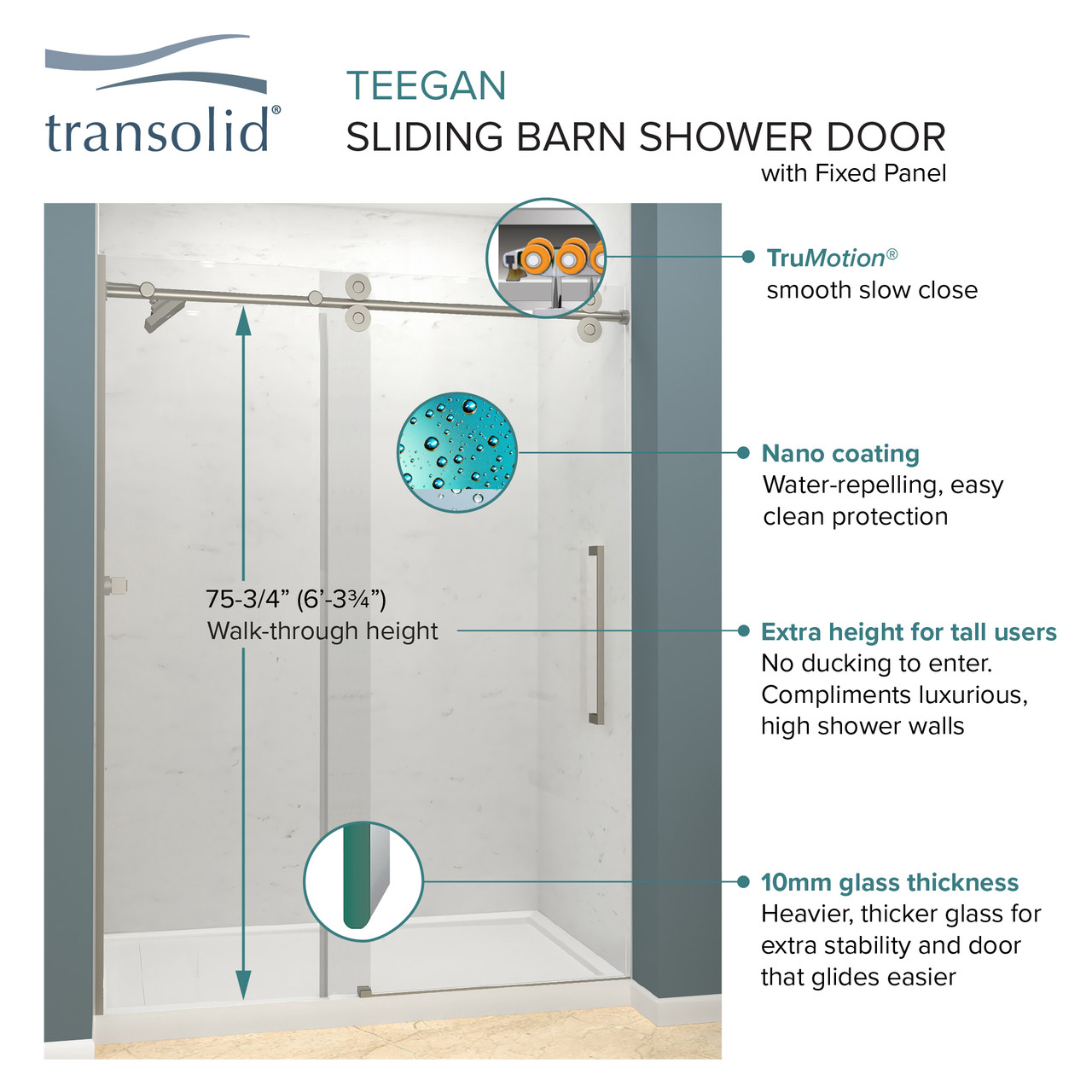 Transolid TPBT608010L-J-MB Frameless sliding shower door with fixed panel in matte black with low iron glass and Justin handles