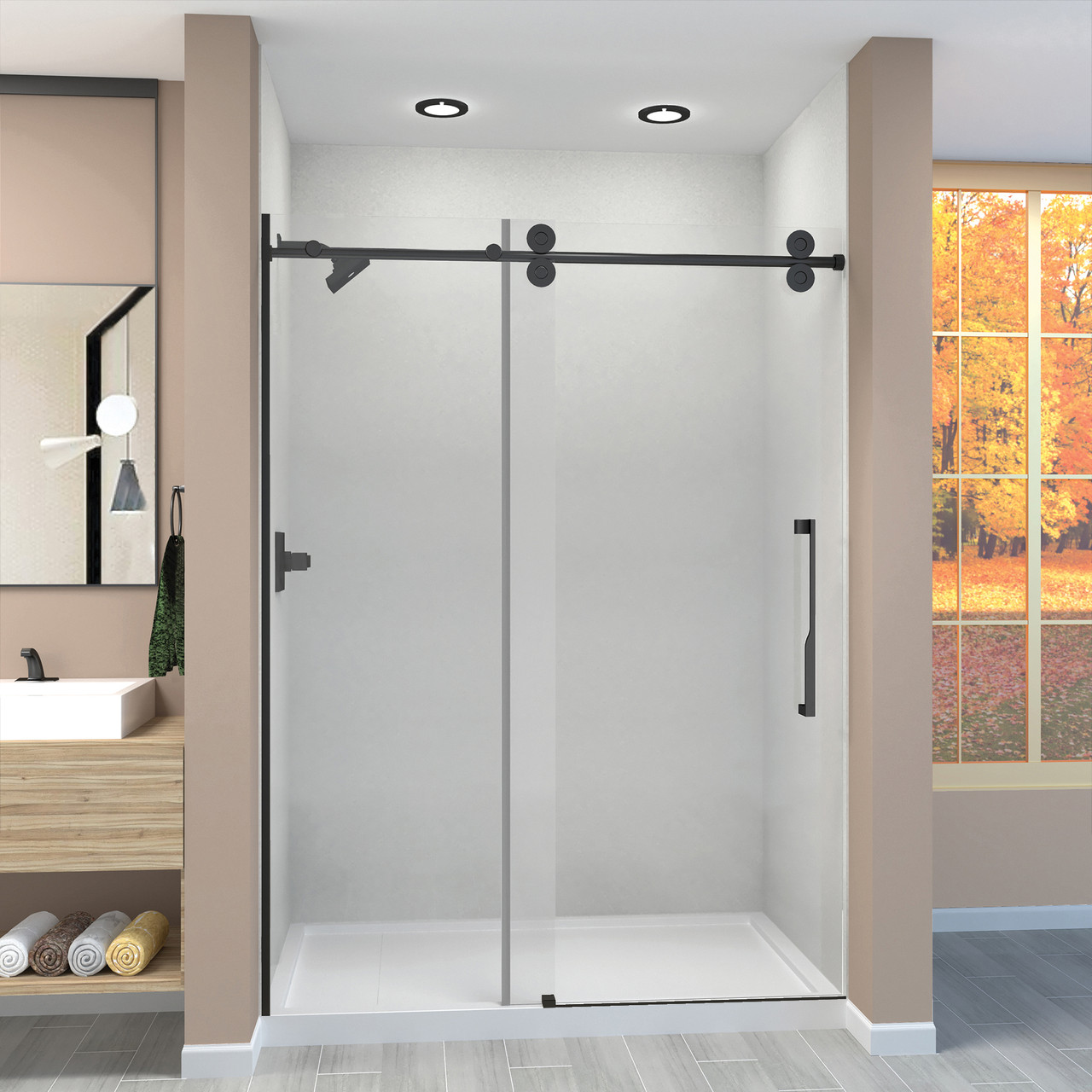 Transolid TPBT608010L-J-MB Frameless sliding shower door with fixed panel in matte black with low iron glass and Justin handles