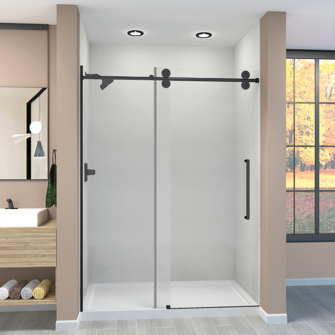 Transolid TPBT608010L-R-MB Frameless sliding shower door with fixed panel in matte black with low iron glass and Riley handles