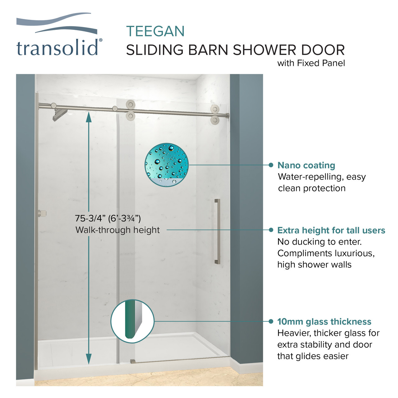 Transolid TBD608010C-S-MB Teegan 59-in W x 80-in H Frameless Sliding Door with Fixed Panel in Matte Black with Clear Glass