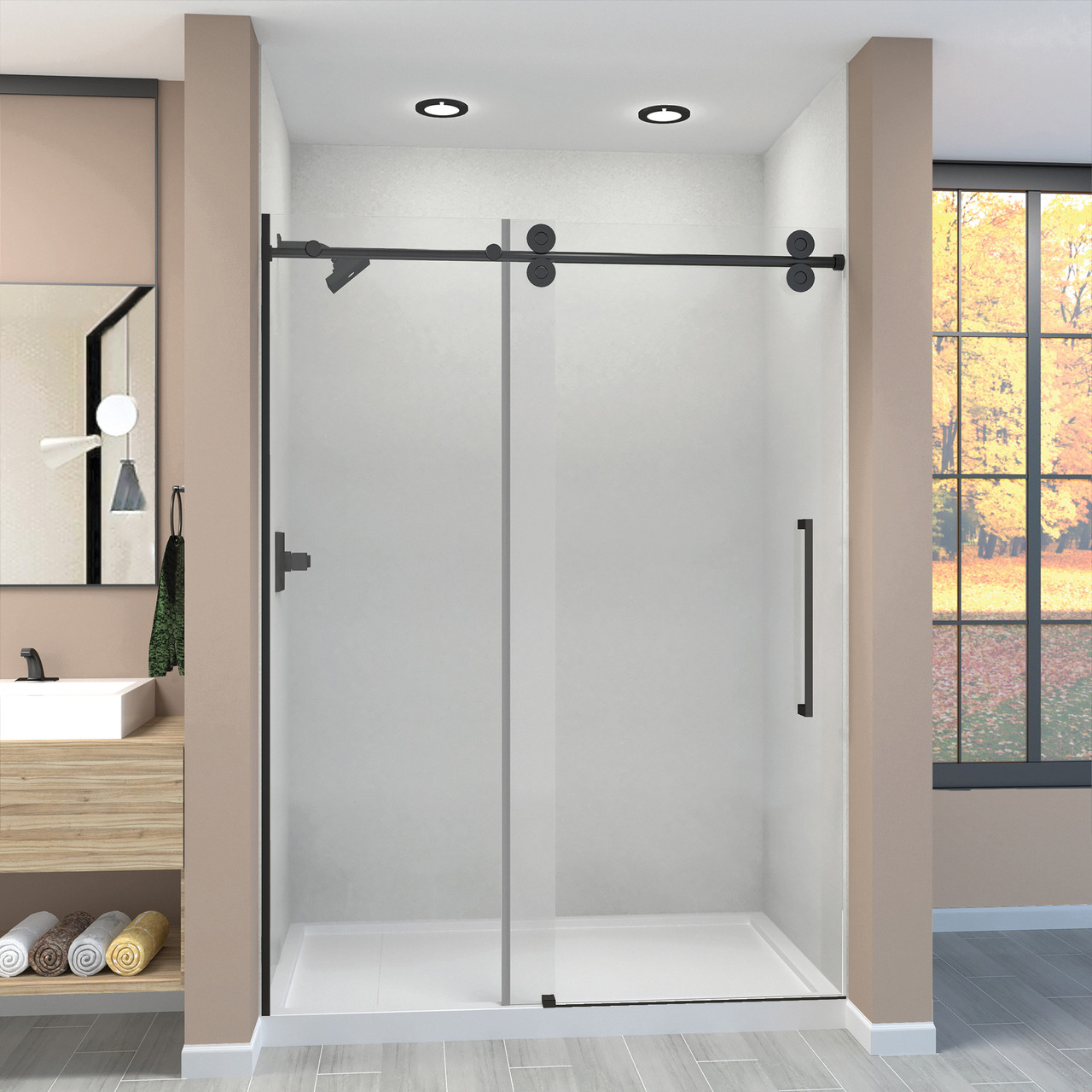 Transolid TBD608010C-S-MB Teegan 59-in W x 80-in H Frameless Sliding Door with Fixed Panel in Matte Black with Clear Glass