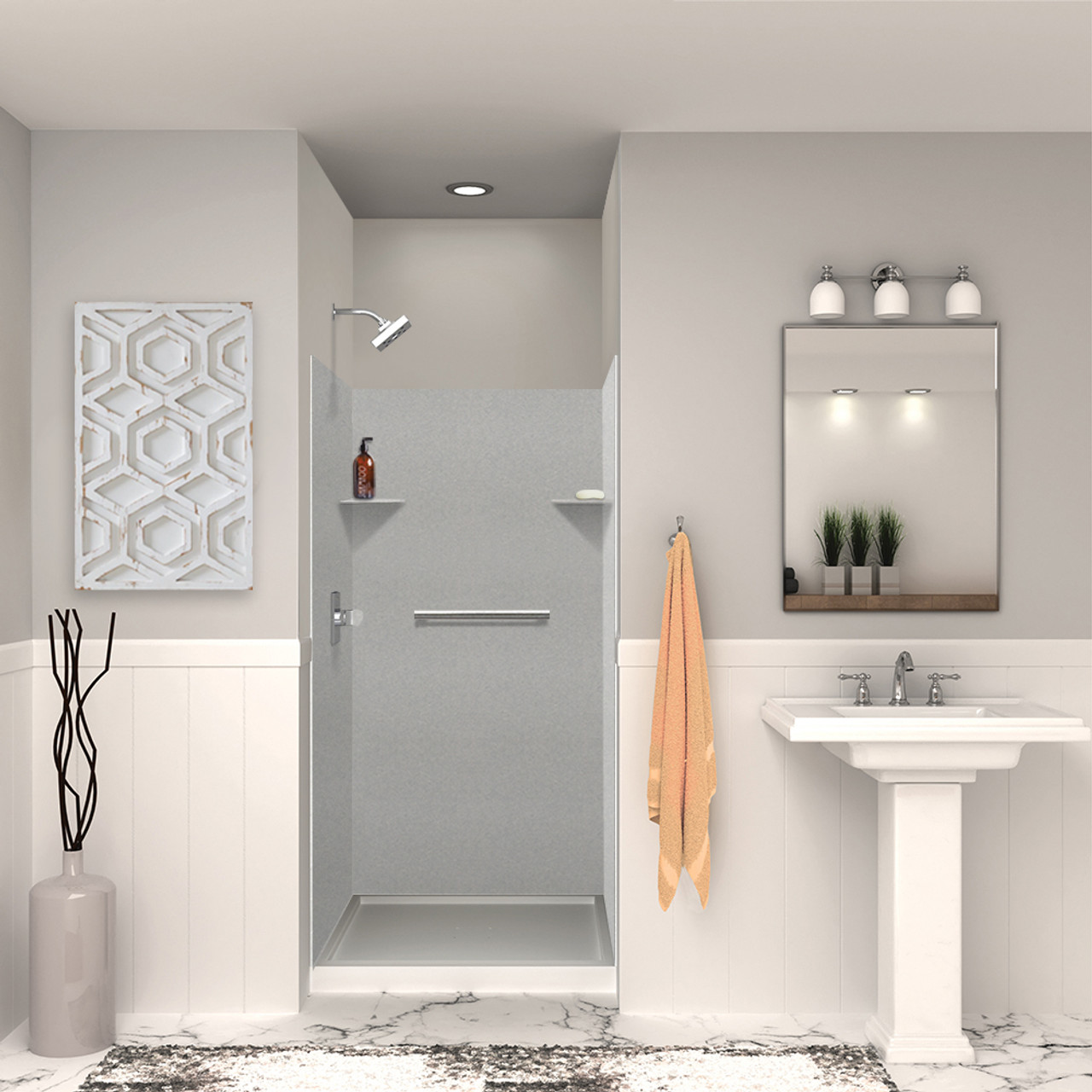 Transolid SWK363672-27V SaraMar 36-in x 36-in x 72-in Glue to Wall 3-Piece Shower Wall Trimmable Kit, Grey Beach Velvet
