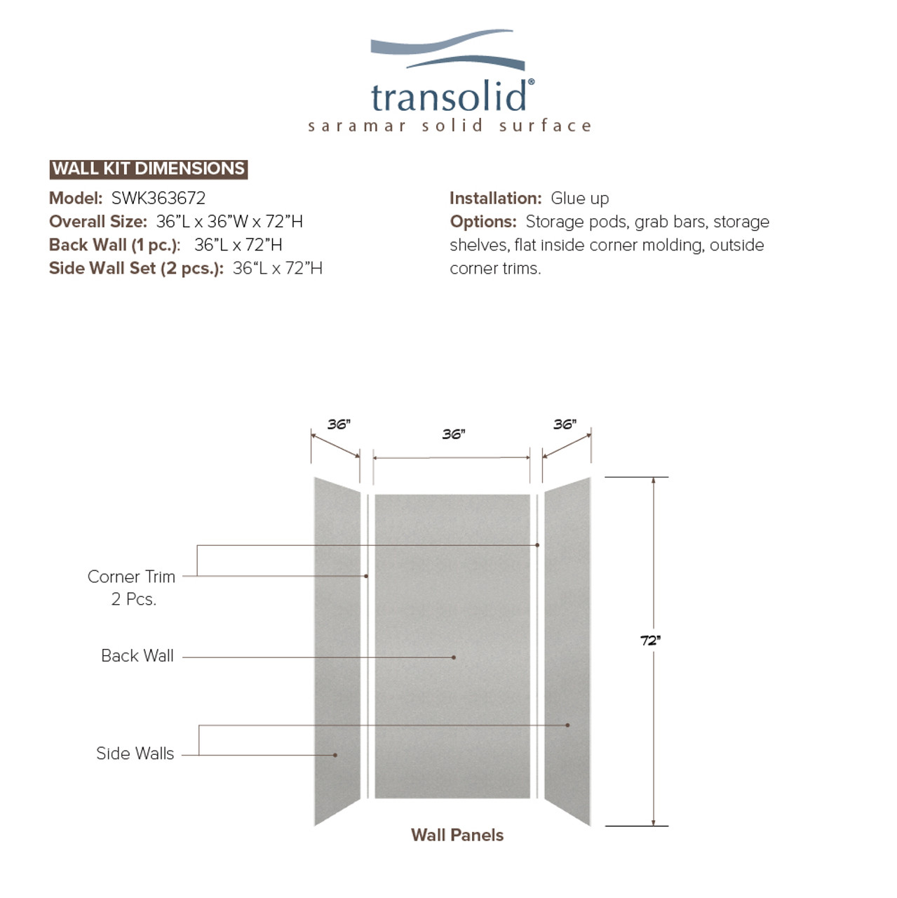 Transolid SWK363672-27V SaraMar 36-in x 36-in x 72-in Glue to Wall 3-Piece Shower Wall Trimmable Kit, Grey Beach Velvet