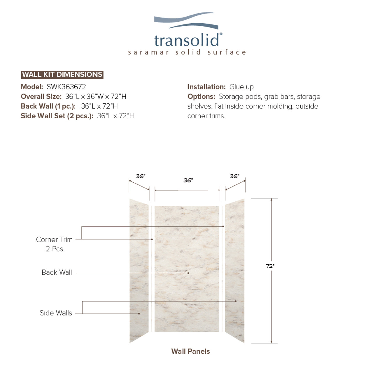 Transolid SWK363672-48V SaraMar 36-in x 36-in x 72-in Glue to Wall 3-Piece Shower Wall Trimmable Kit, Biscotti Marble Velvet