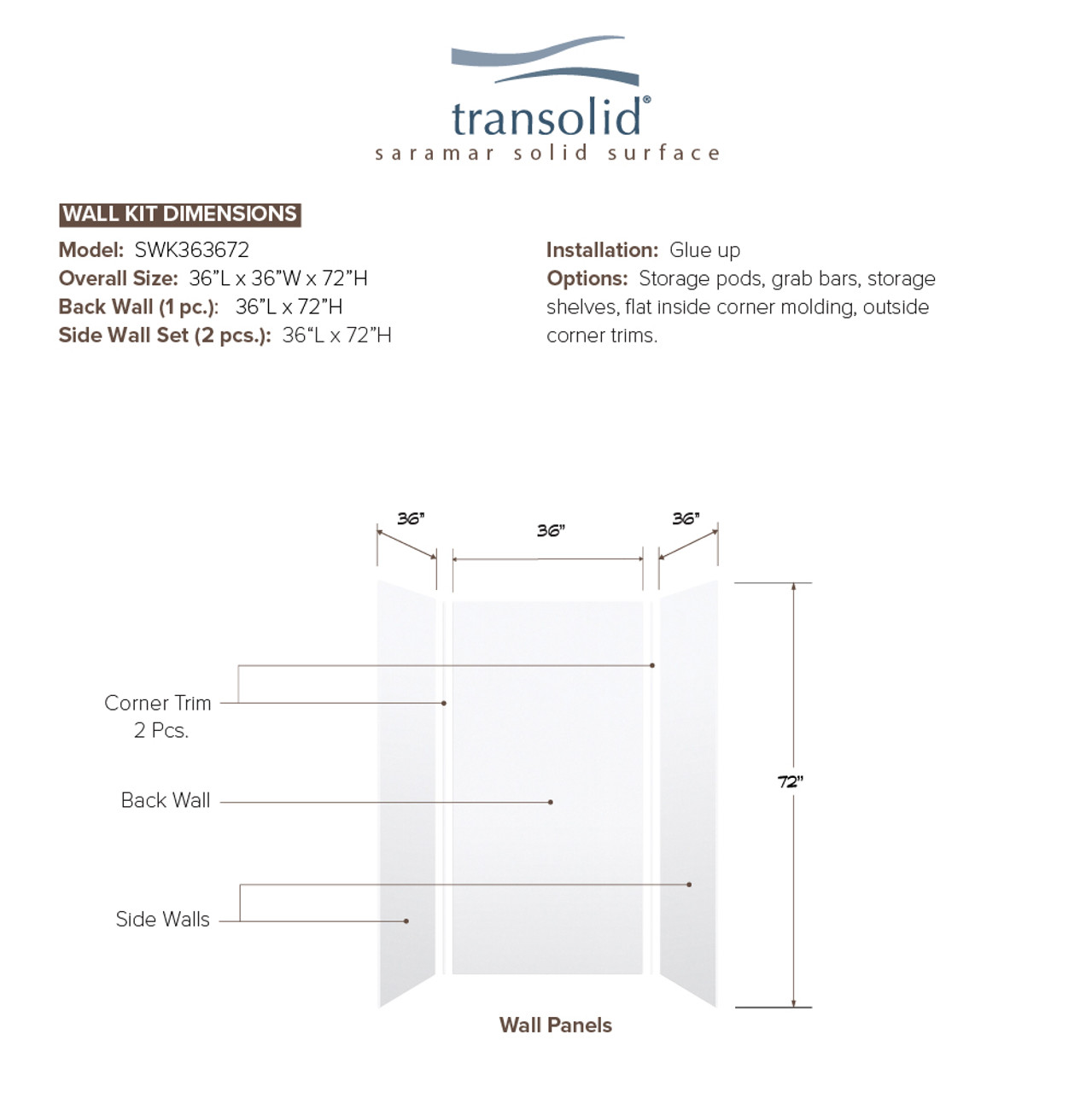 Transolid SWK363672-21V SaraMar 36-in x 36-in x 72-in Glue to Wall 3-Piece Shower Wall Trimmable Kit, White Velvet