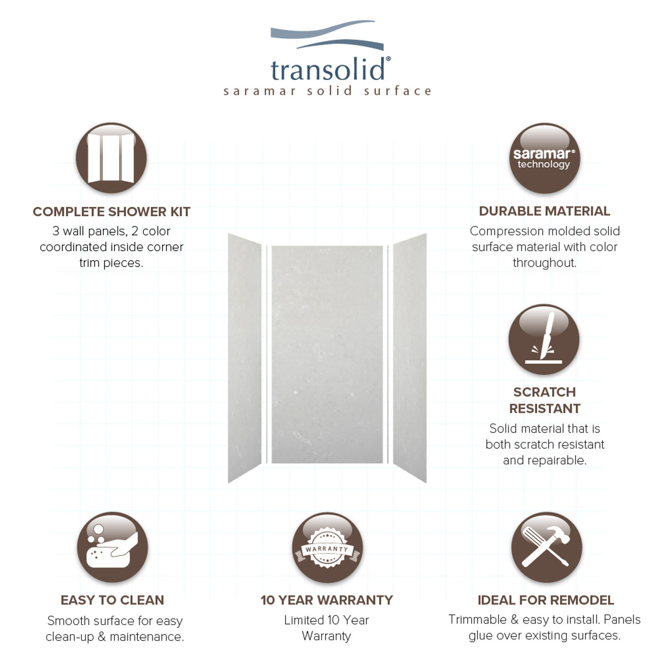 Transolid SWK363672-50V SaraMar 36-in x 36-in x 72-in Glue to Wall 3-Piece Shower Wall Trimmable Kit, Lunar Velvet