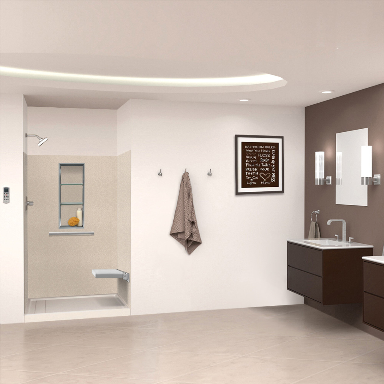 Transolid SWK483672-28V SaraMar 48-in x 36-in x 72-in Glue to Wall 3-Piece Shower Wall Trimmable Kit, Cashew Velvet