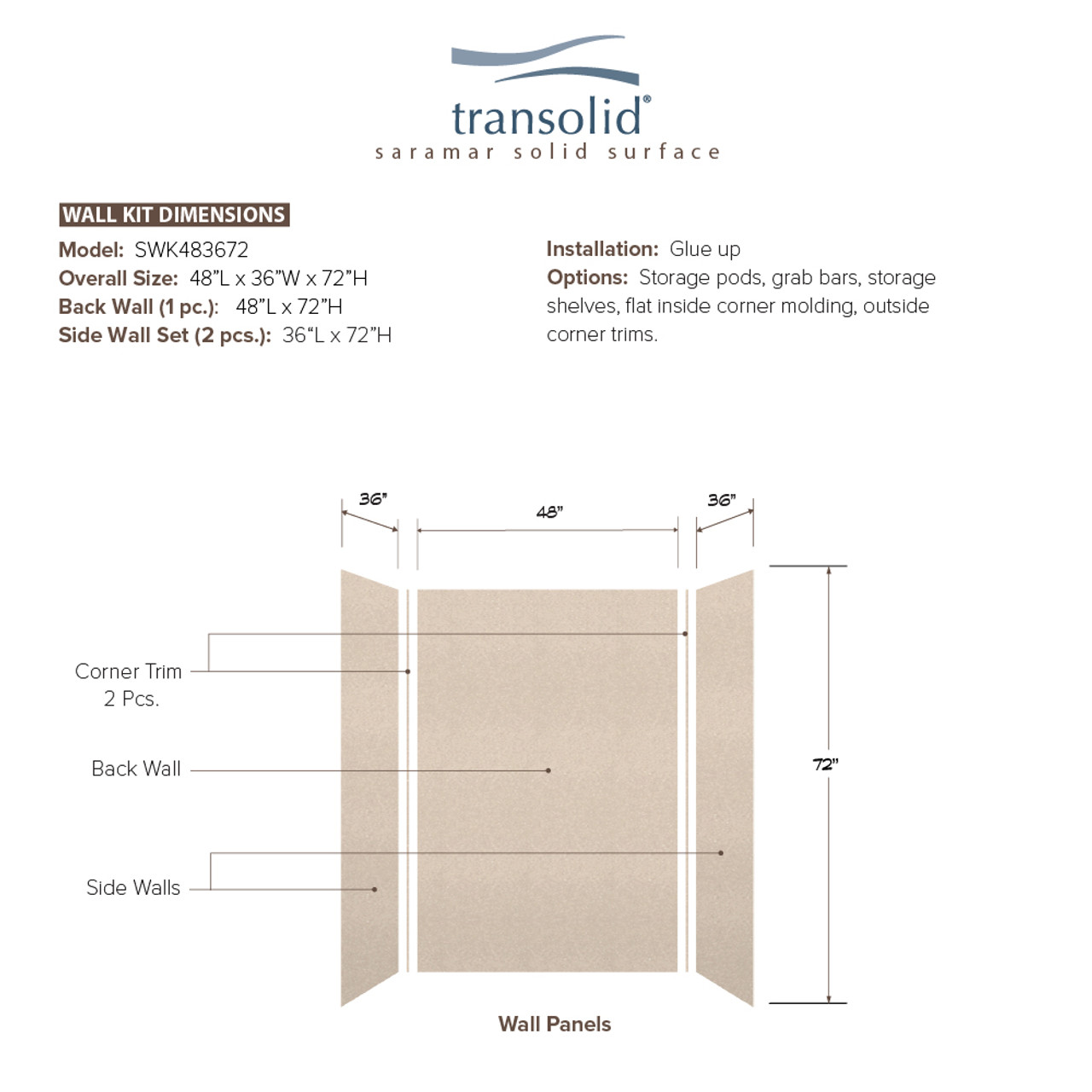 Transolid SWK483672-28V SaraMar 48-in x 36-in x 72-in Glue to Wall 3-Piece Shower Wall Trimmable Kit, Cashew Velvet