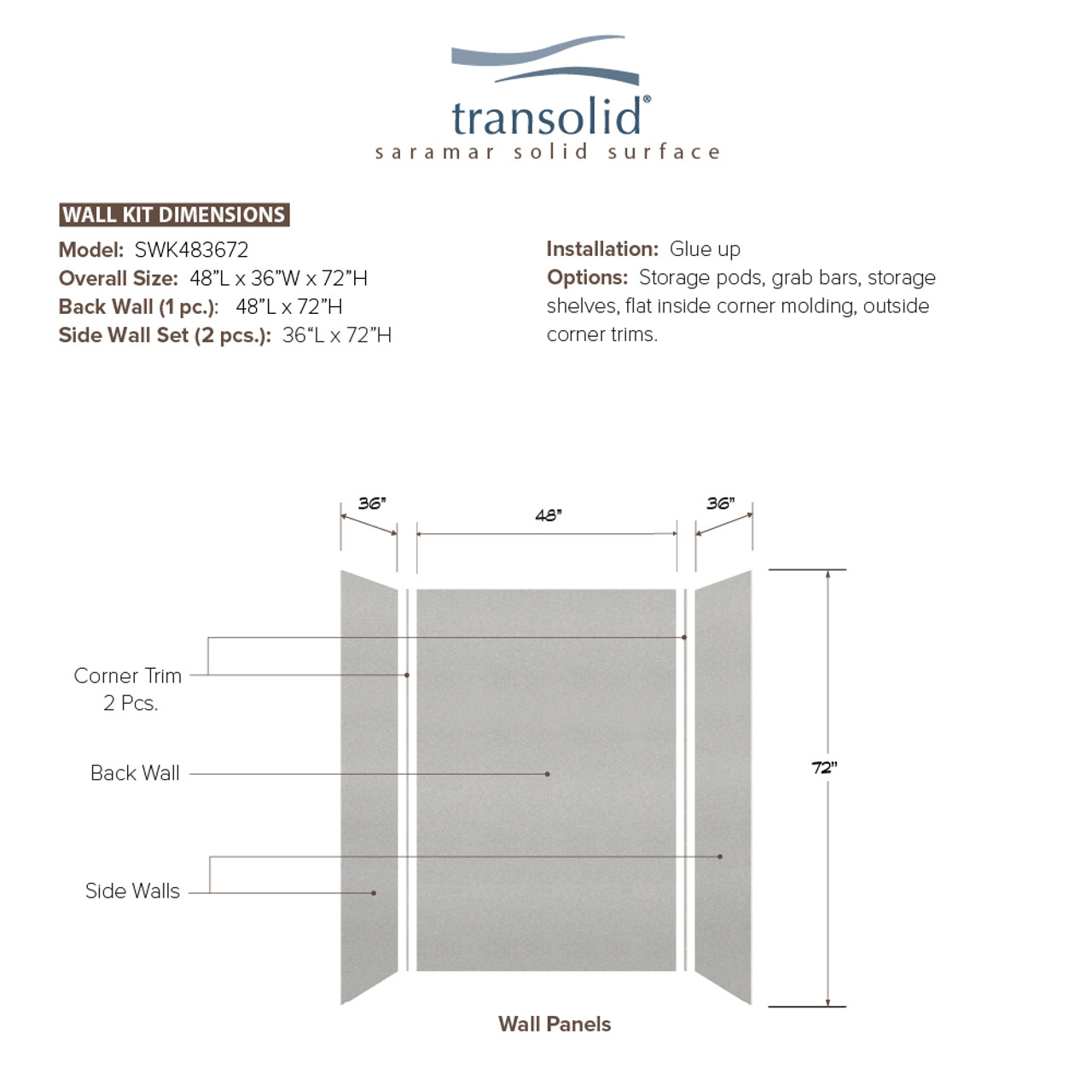 Transolid SWK483672-27V SaraMar 48-in x 36-in x 72-in Glue to Wall 3-Piece Shower Wall Trimmable Kit, Grey Beach Velvet