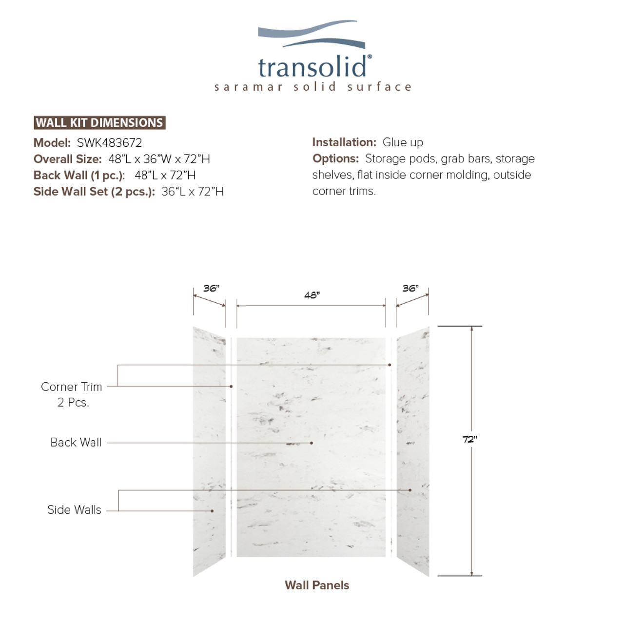 Transolid SWK483672-47V SaraMar 48-in x 36-in x 72-in Glue to Wall 3-Piece Shower Wall Trimmable Kit, White Venito Velvet