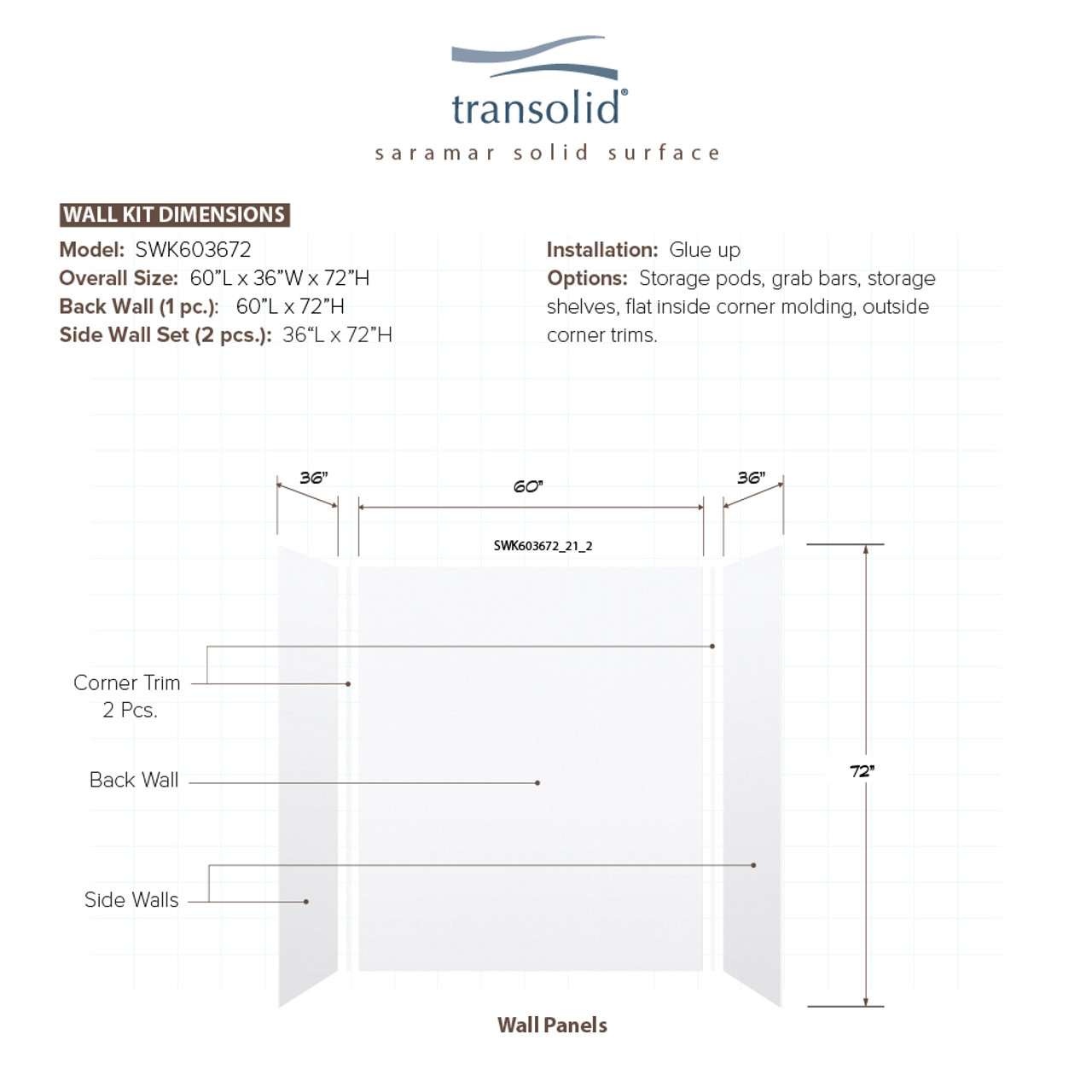 Transolid SWK603672-21V SaraMar 60-in x 36-in x 72-in Glue to Wall 3-Piece Shower Wall Trimmable Kit, White Velvet