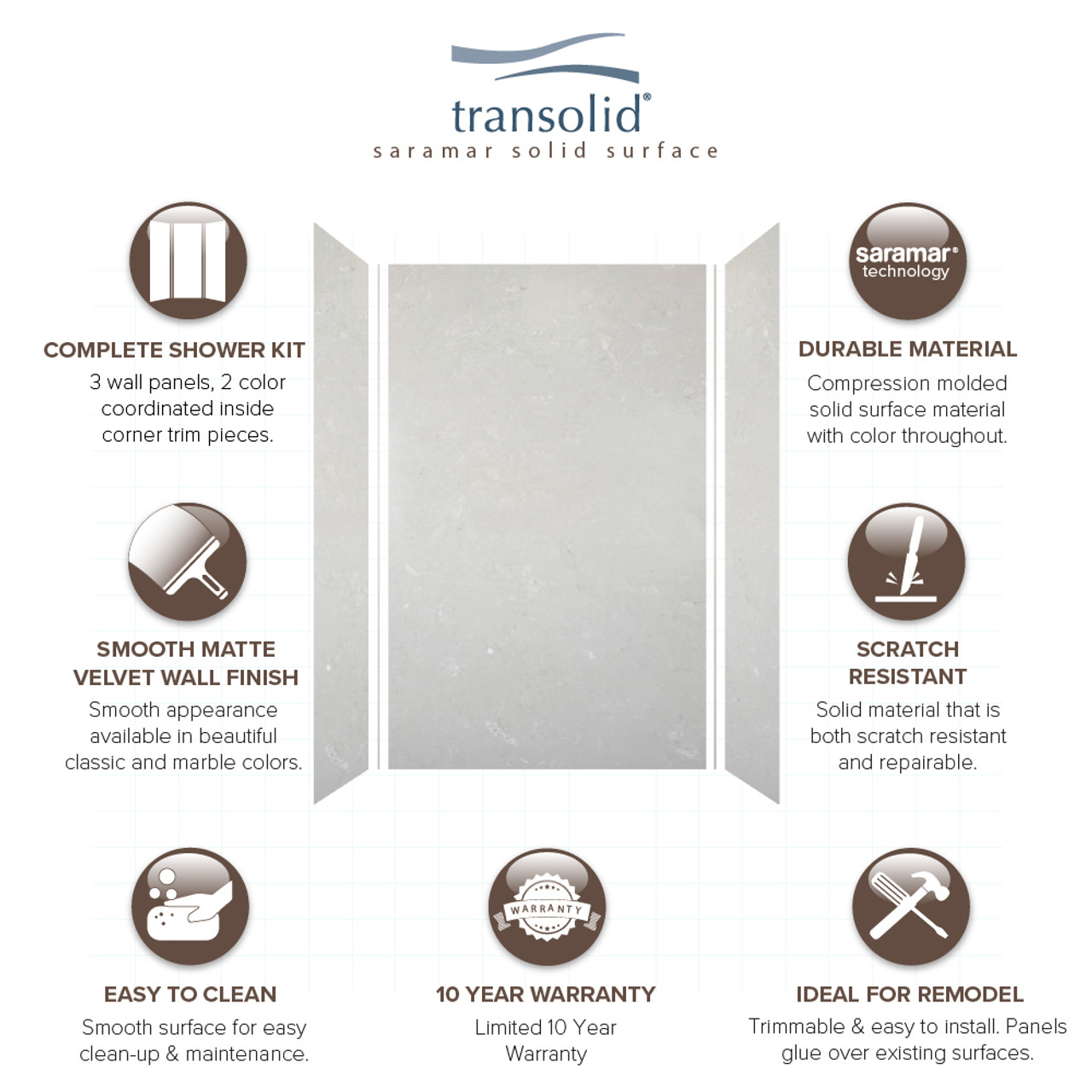 Transolid SWK603696-50V SaraMar 60-in x 36-in x 96-in Glue to Wall 3-Piece Shower Wall Trimmable Kit, Lunar Velvet