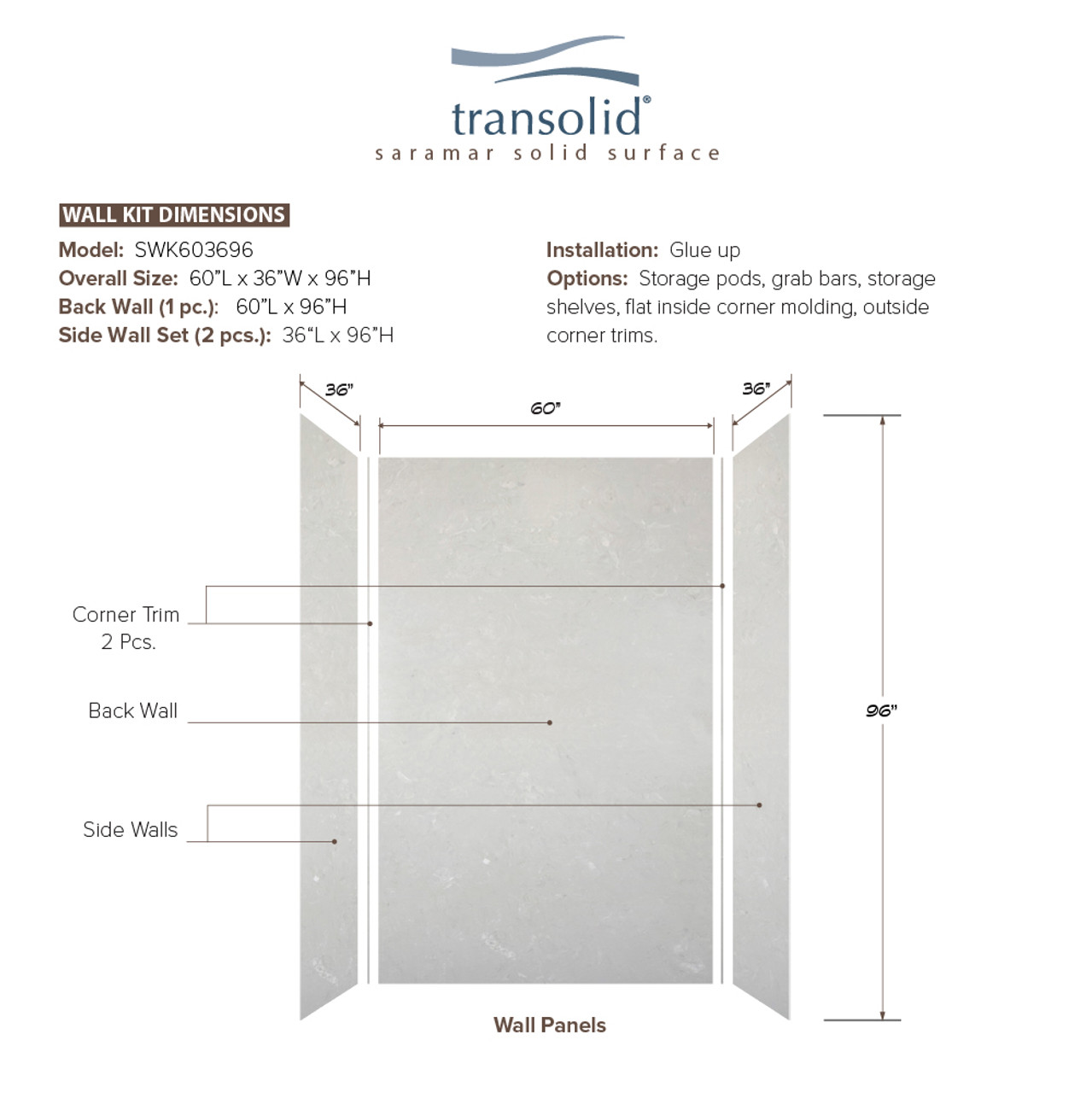 Transolid SWK603696-50V SaraMar 60-in x 36-in x 96-in Glue to Wall 3-Piece Shower Wall Trimmable Kit, Lunar Velvet
