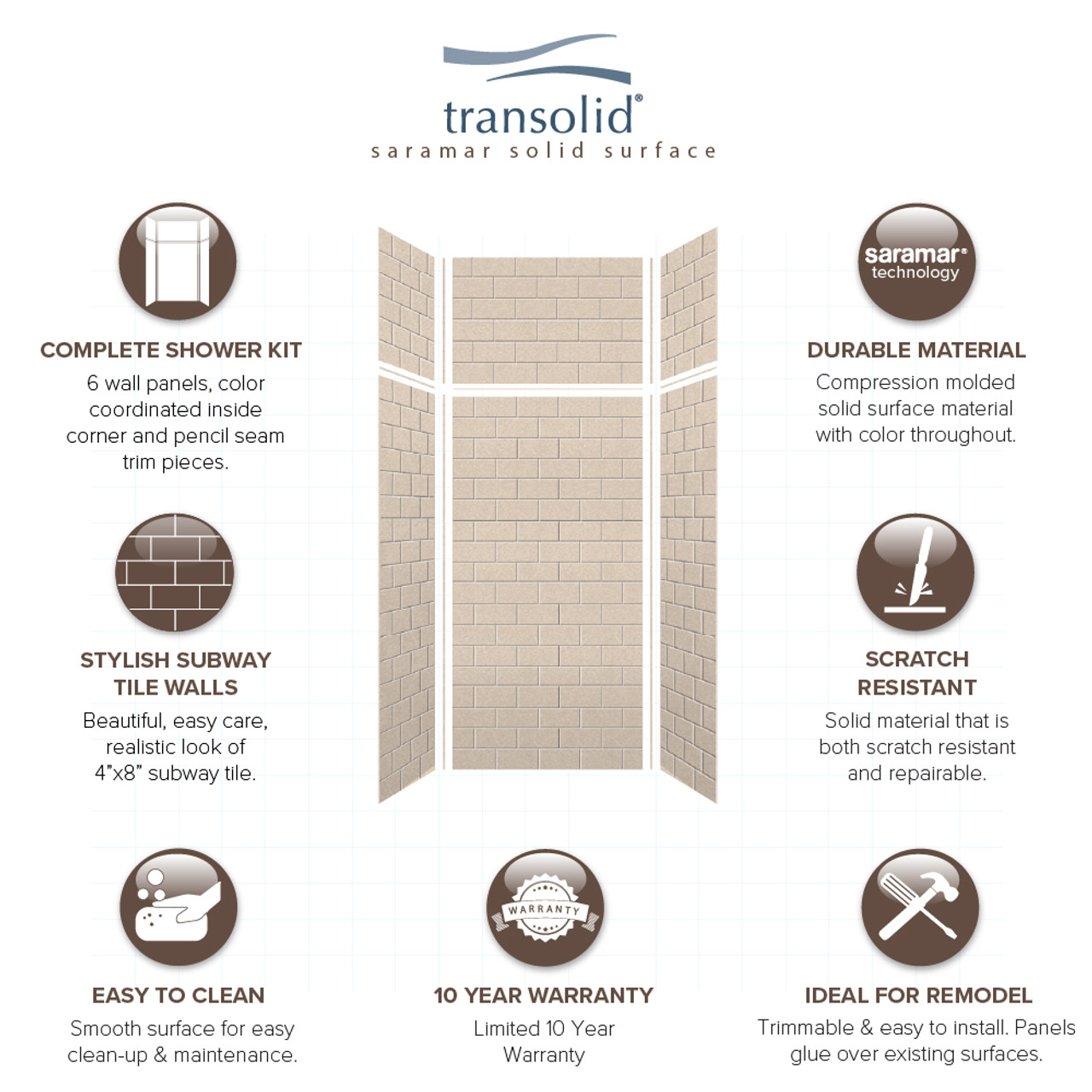 Transolid SWKX36367224-28 SaraMar 36-in x 36-in x 96-in Glue to Wall 6-Piece Shower Wall Trimmable Kit with Extension, Cashew