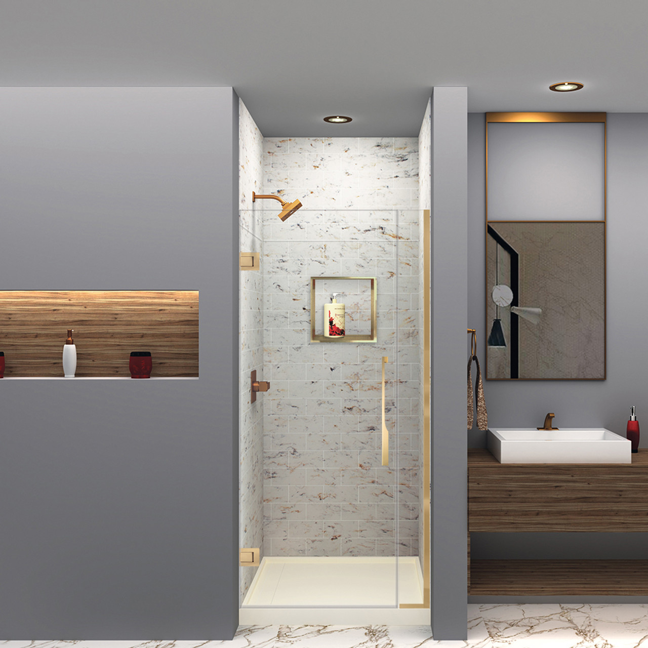 Transolid SWKX36367224-48 SaraMar 36-in x 36-in x 96-in Glue to Wall 6-Piece Shower Wall Trimmable Kit with Extension, Biscotti Marble