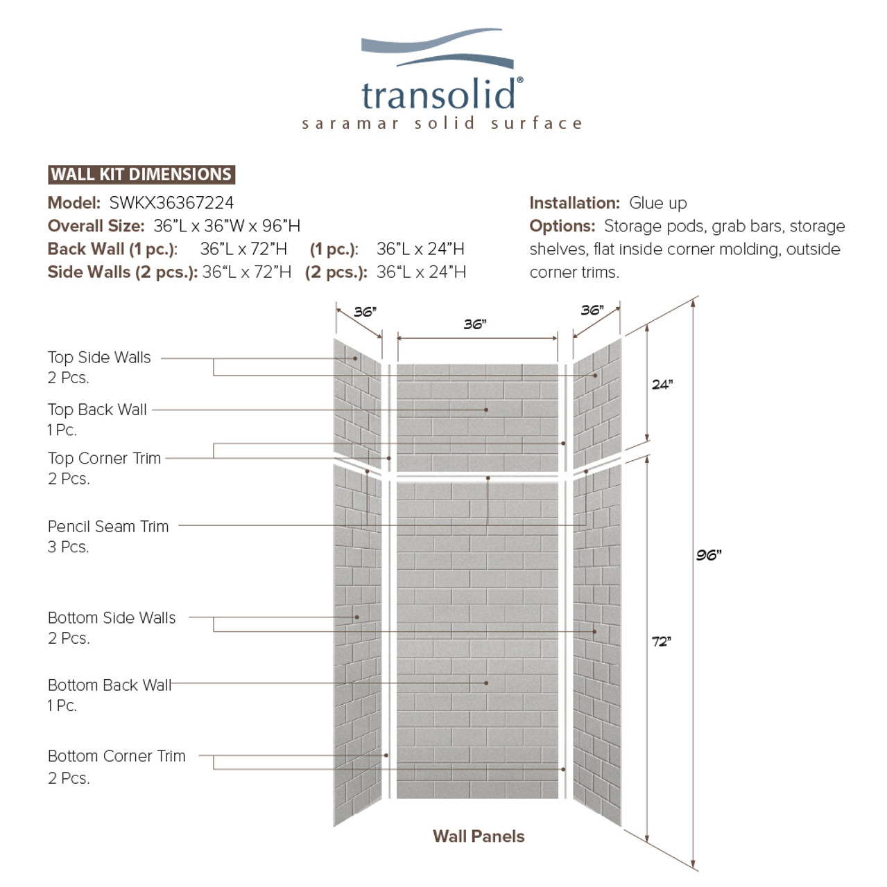 Transolid SWKX36367224-27 SaraMar 36-in x 36-in x 96-in Glue to Wall 6-Piece Shower Wall Trimmable Kit with Extension, Grey Beach