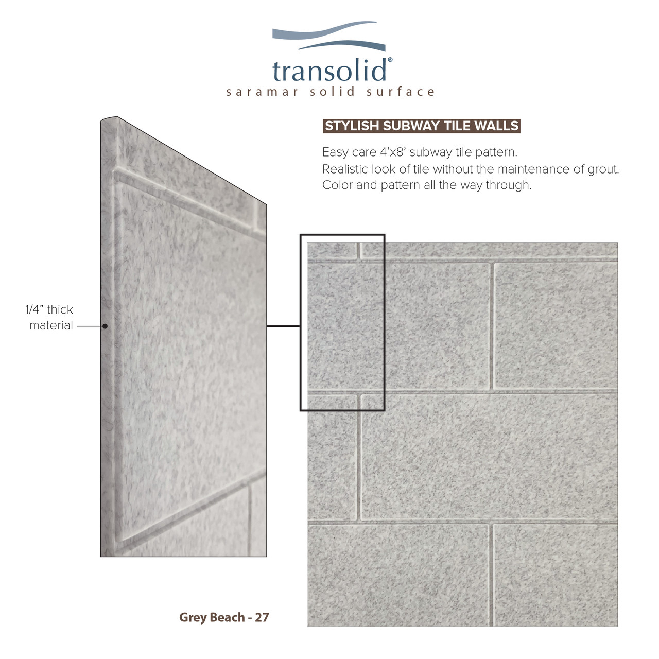 Transolid SWKX36367224-27 SaraMar 36-in x 36-in x 96-in Glue to Wall 6-Piece Shower Wall Trimmable Kit with Extension, Grey Beach