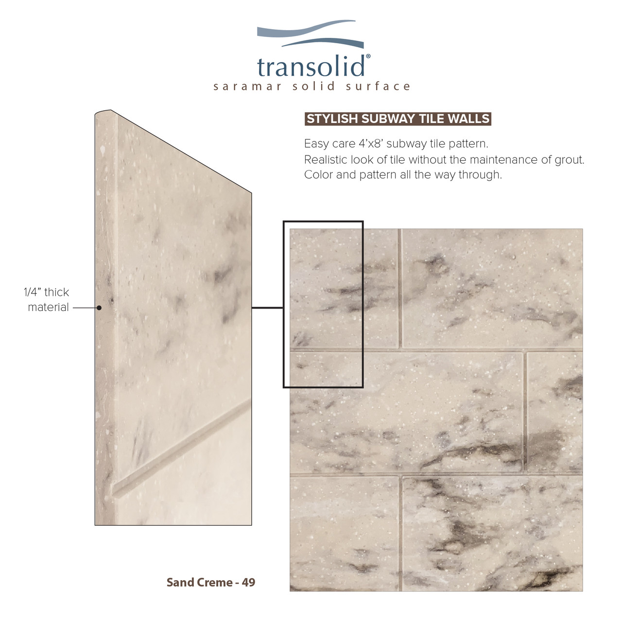 Transolid SWKX36367224-49 SaraMar 36-in x 36-in x 96-in Glue to Wall 6-Piece Shower Wall Trimmable Kit with Extension, Sand Creme