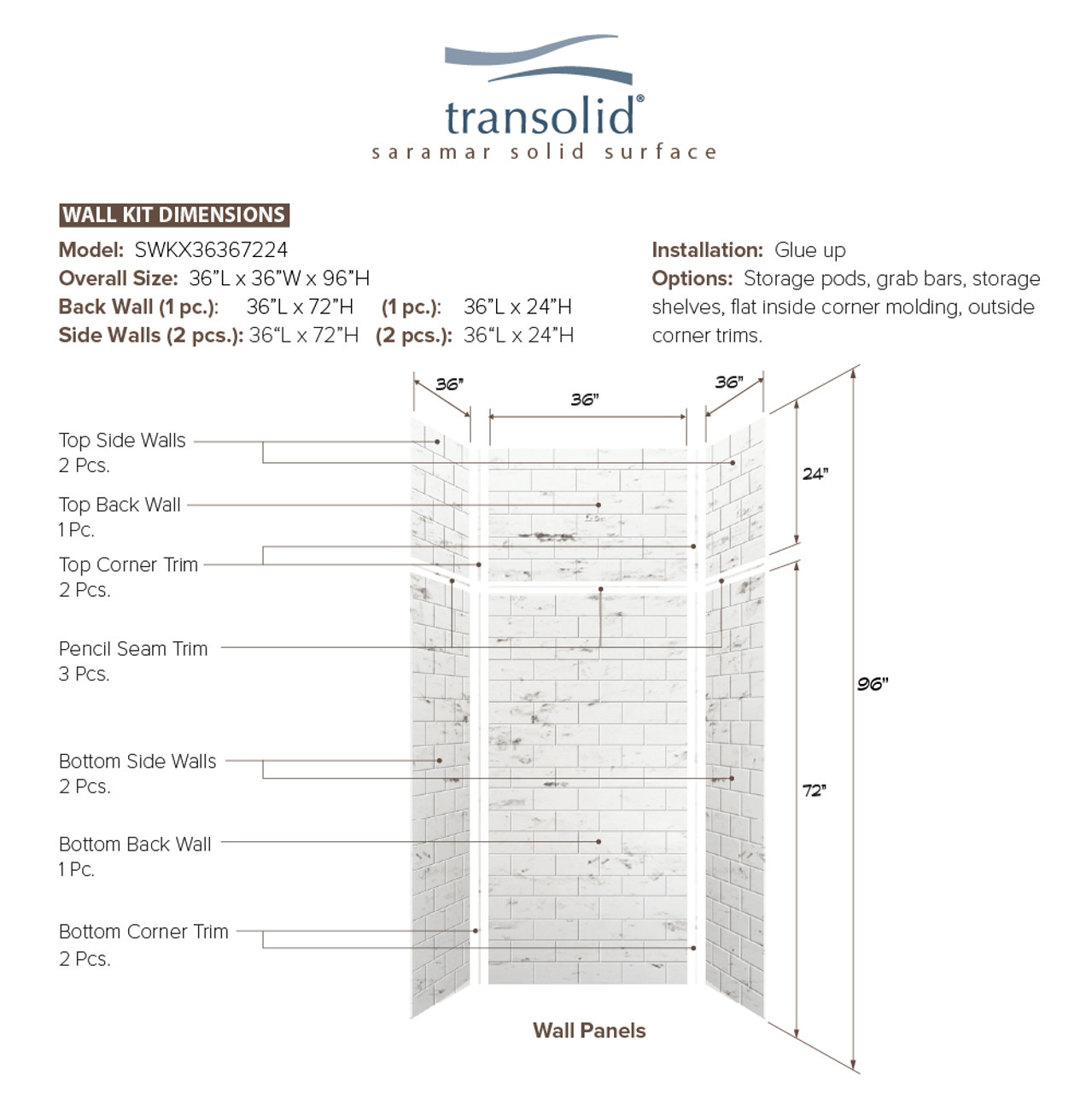 Transolid SWKX36367224-47 SaraMar 36-in x 36-in x 96-in Glue to Wall 6-Piece Shower Wall Trimmable Kit with Extension, White Venito