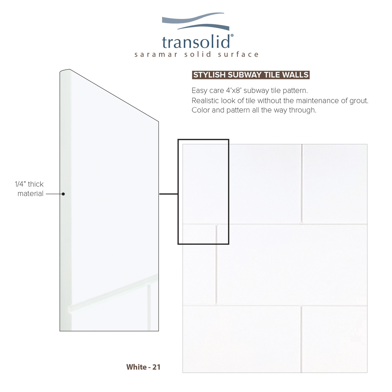 Transolid SWKX36367224-21 SaraMar 36-in x 36-in x 96-in Glue to Wall 6-Piece Shower Wall Trimmable Kit with Extension, White