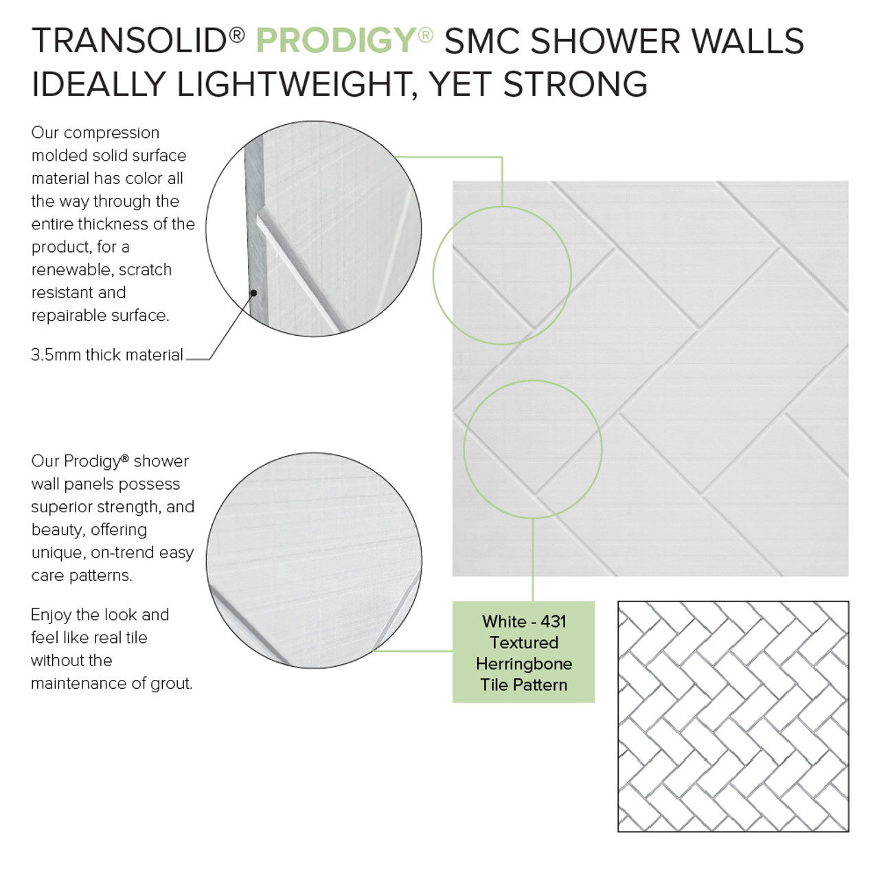 Transolid Prodigy PWKX60367224-431 60" x 36" x 96-in Glue to Wall 6-Piece Shower Wall Trimmable Kit Herringbone Tile, in White