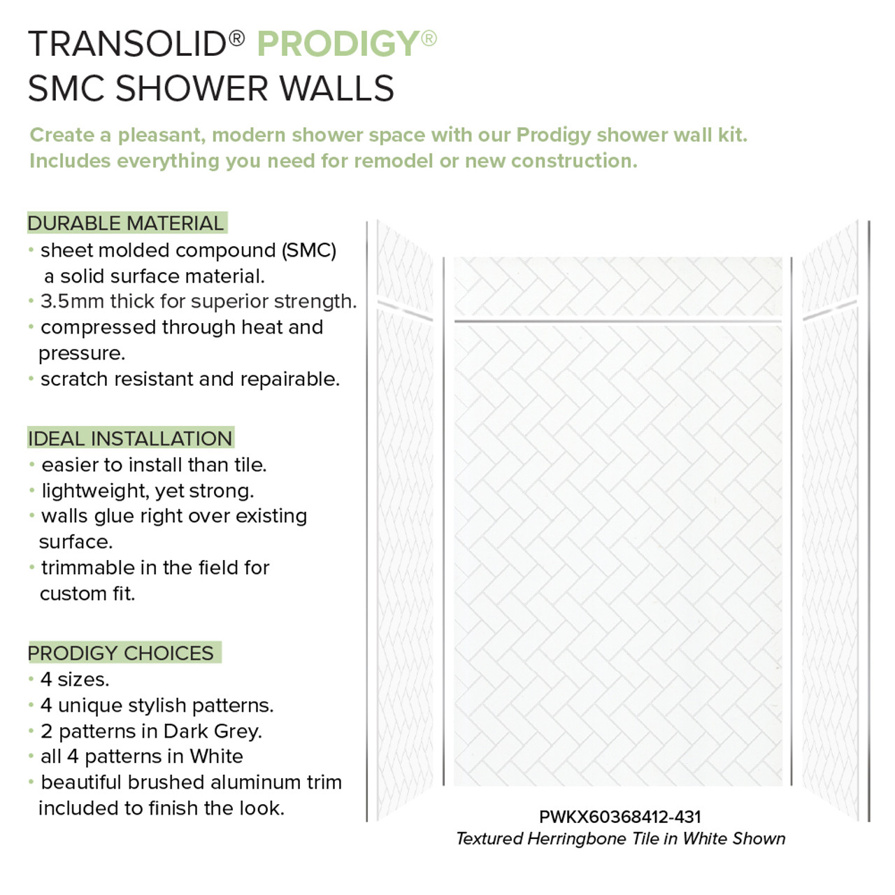 Transolid Prodigy PWKX60368412-431 60" x 36" x 96-in Glue to Wall 6-Piece Shower Wall Trimmable Kit Herringbone Tile, in White