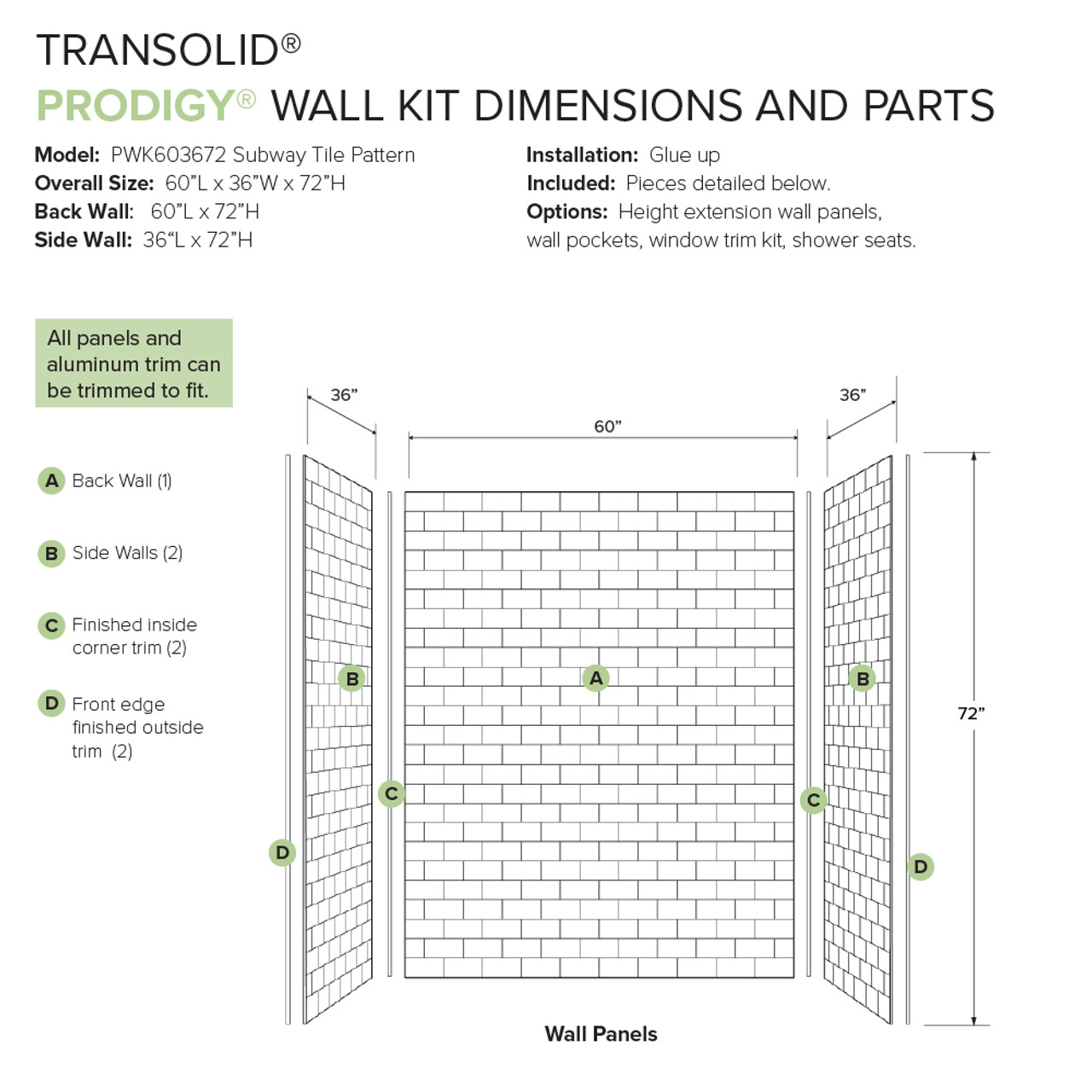 Transolid Prodigy PWK603672-131 60" x 36" x 72" Glue to Wall 3-Piece Shower Wall Trimmable Kit 3" x 8" Subway Tile, in White