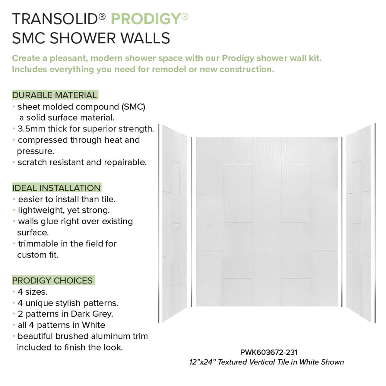 Transolid Prodigy PWK603672-231 60" x 36" x 72" Glue to Wall 3-Piece Shower Wall Trimmable Kit 12" x 24" Vertical Tile, in White