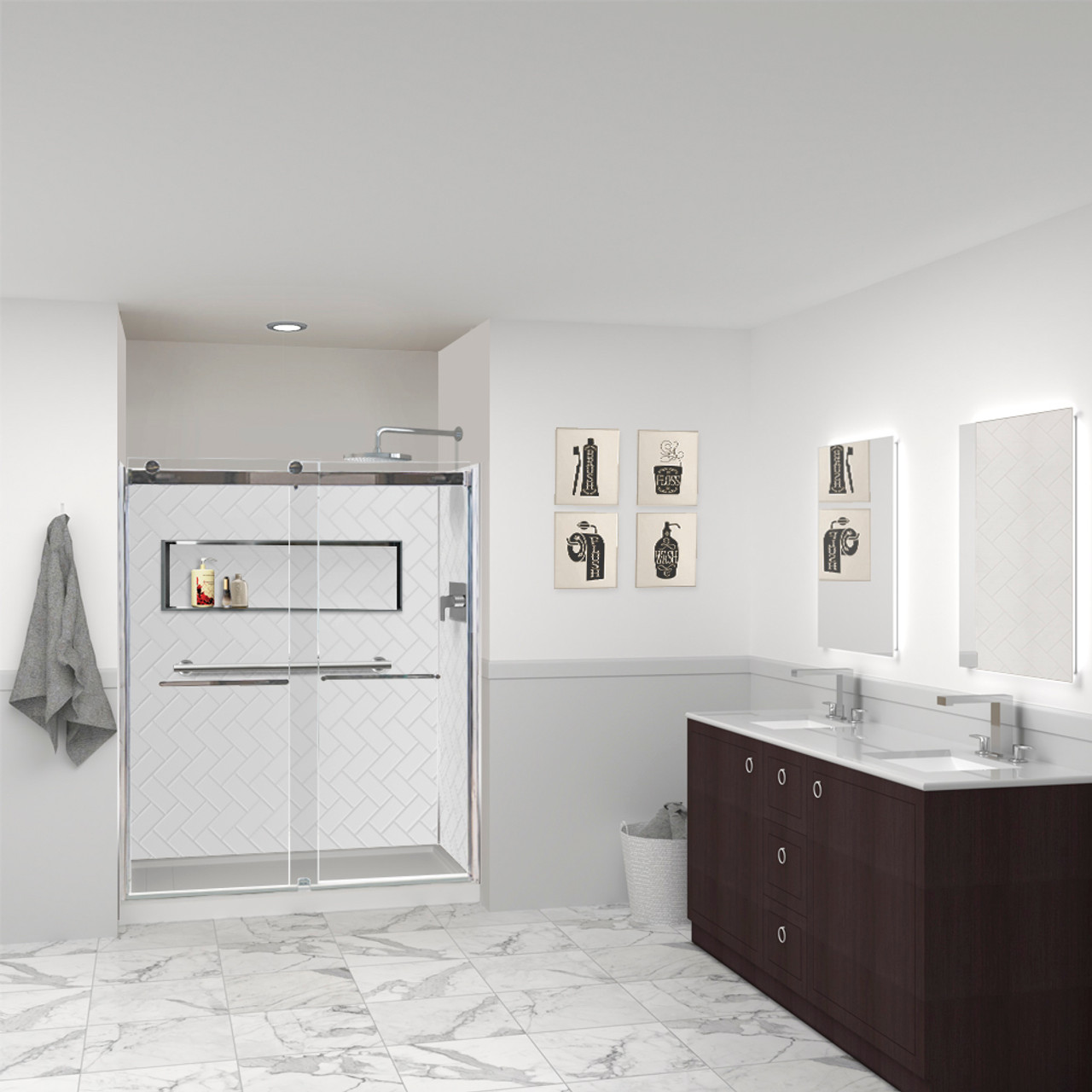 Transolid Prodigy PWK603672-431 60" x 36" x 72" Glue to Wall 3-Piece Shower Wall Trimmable Kit Herringbone Tile, in White