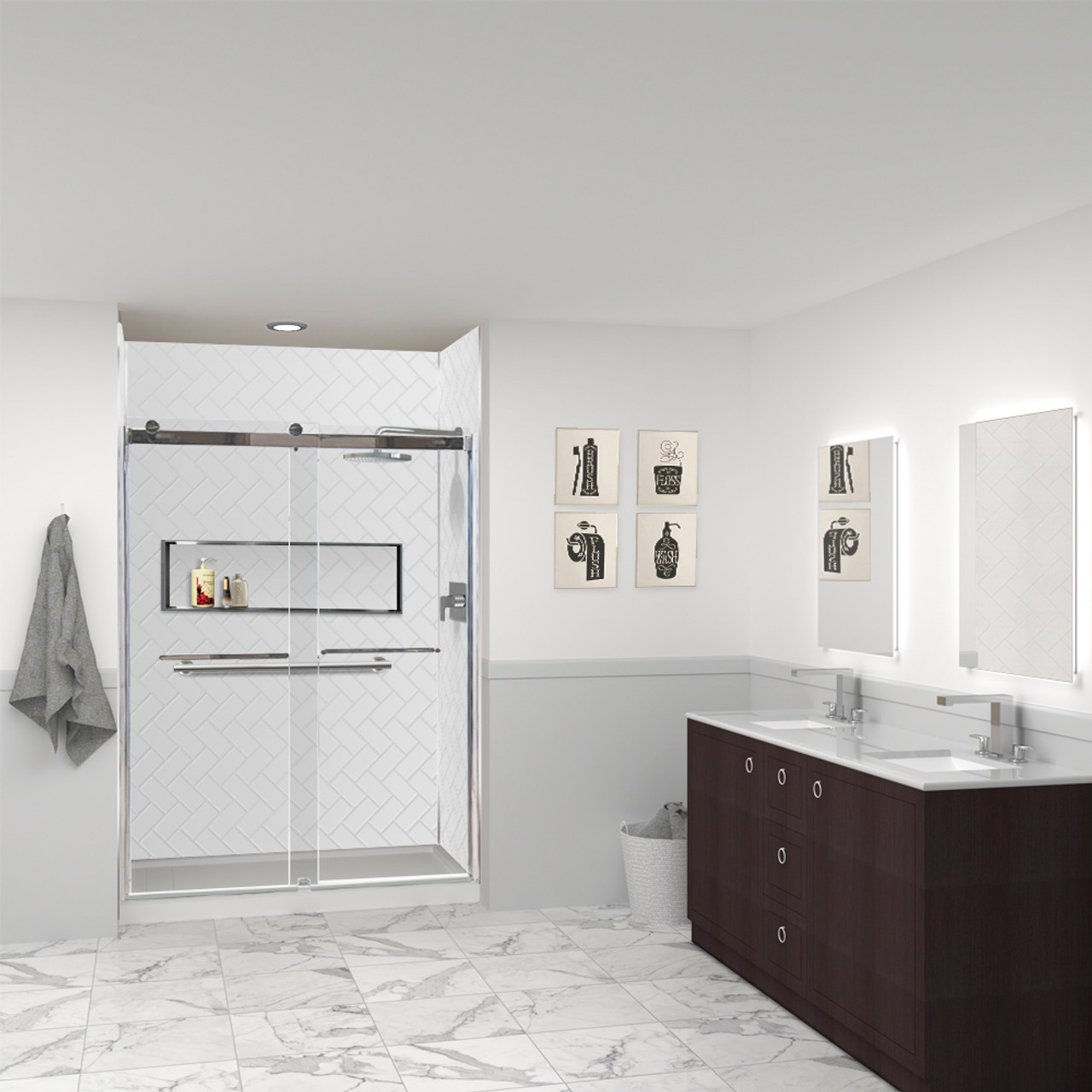 Transolid Prodigy PWK603696-431 60" x 36" x 96" Glue to Wall 3-Piece Shower Wall Trimmable Kit Herringbone Tile, in White