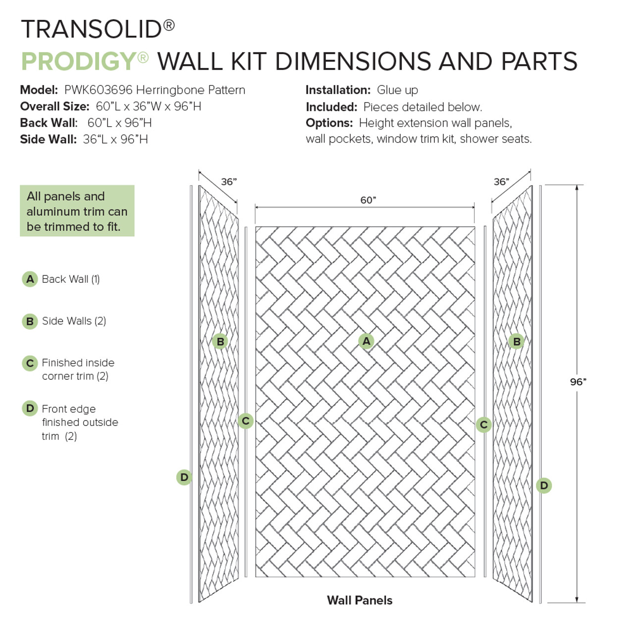 Transolid Prodigy PWK603696-440 60" x 36" x 96" Glue to Wall 3-Piece Shower Wall Trimmable Kit Herringbone Tile, in Dark Grey