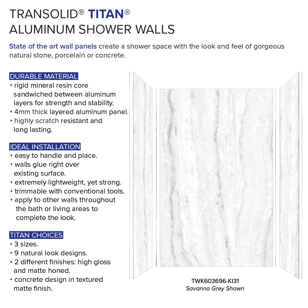 Transolid TWK603696-KI58G Titan 64-in x 39-in x 96-in Shower Wall Trimmable Kit, Savanna Grey (Glossy)