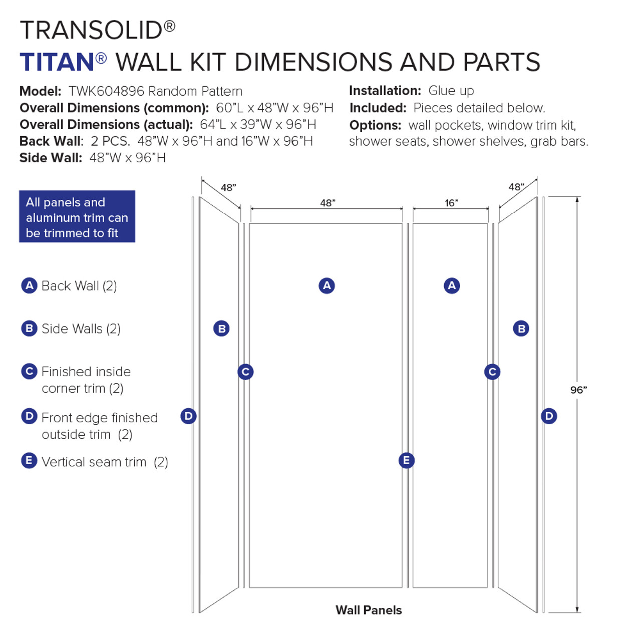 Transolid TWK604896-KI31G Titan Shower Wall Trimmable Kit
