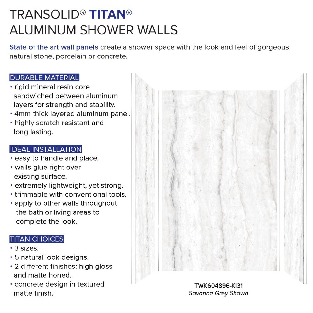 Transolid TWK603696-KI58G Titan 64-in x 39-in x 96-in Shower Wall Trimmable Kit, Savanna Grey (Honed)