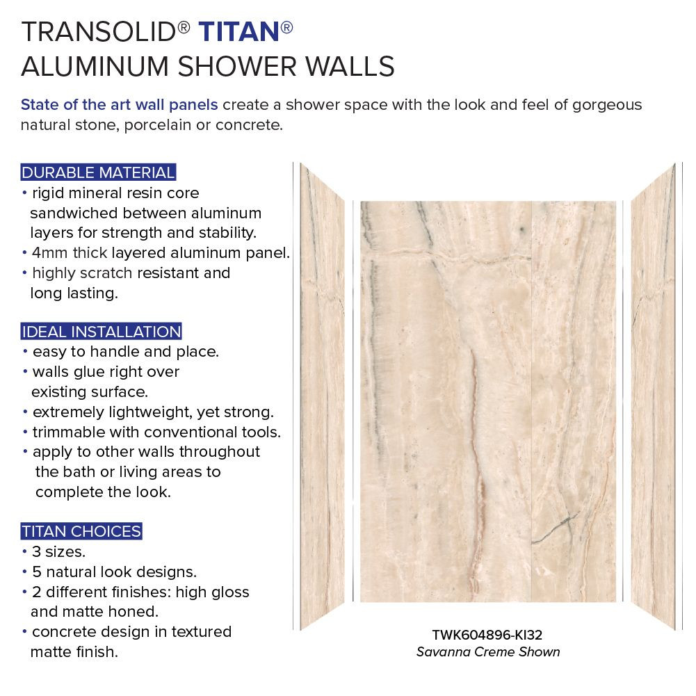 Transolid TWK603696-KI58G Titan 64-in x 39-in x 96-in Shower Wall Trimmable Kit, Savanna Creme (Honed)