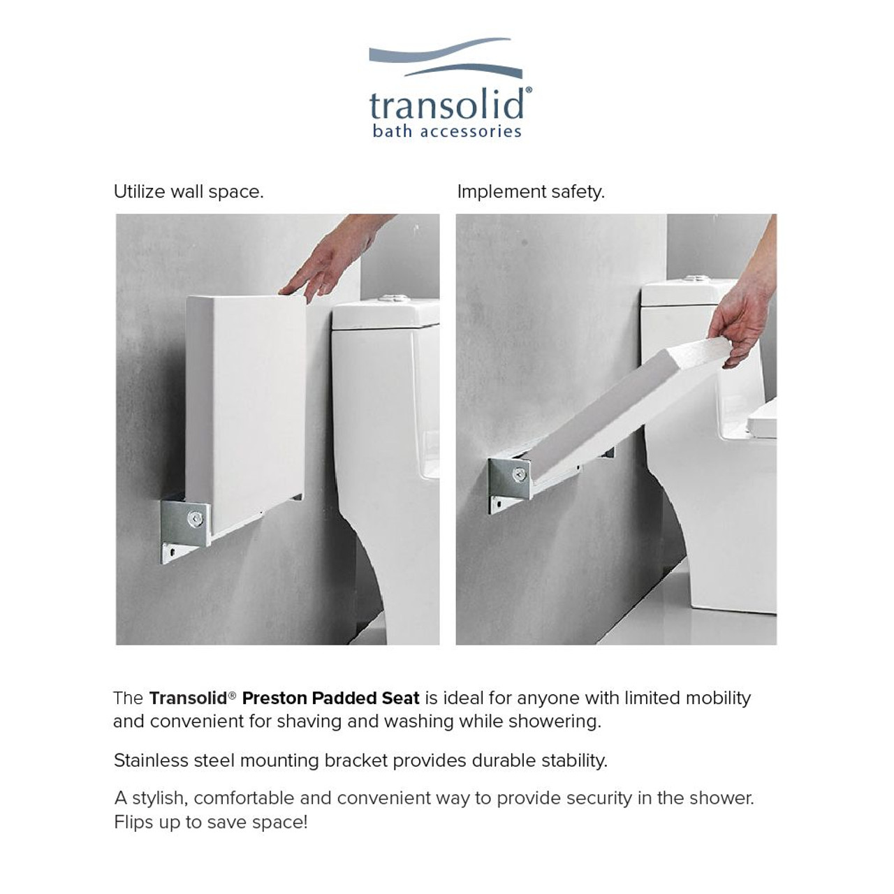 Transolid PPS1420UP-01PC 14-in x 20-in Flip Up Shower Seat, White and Polished Chrome